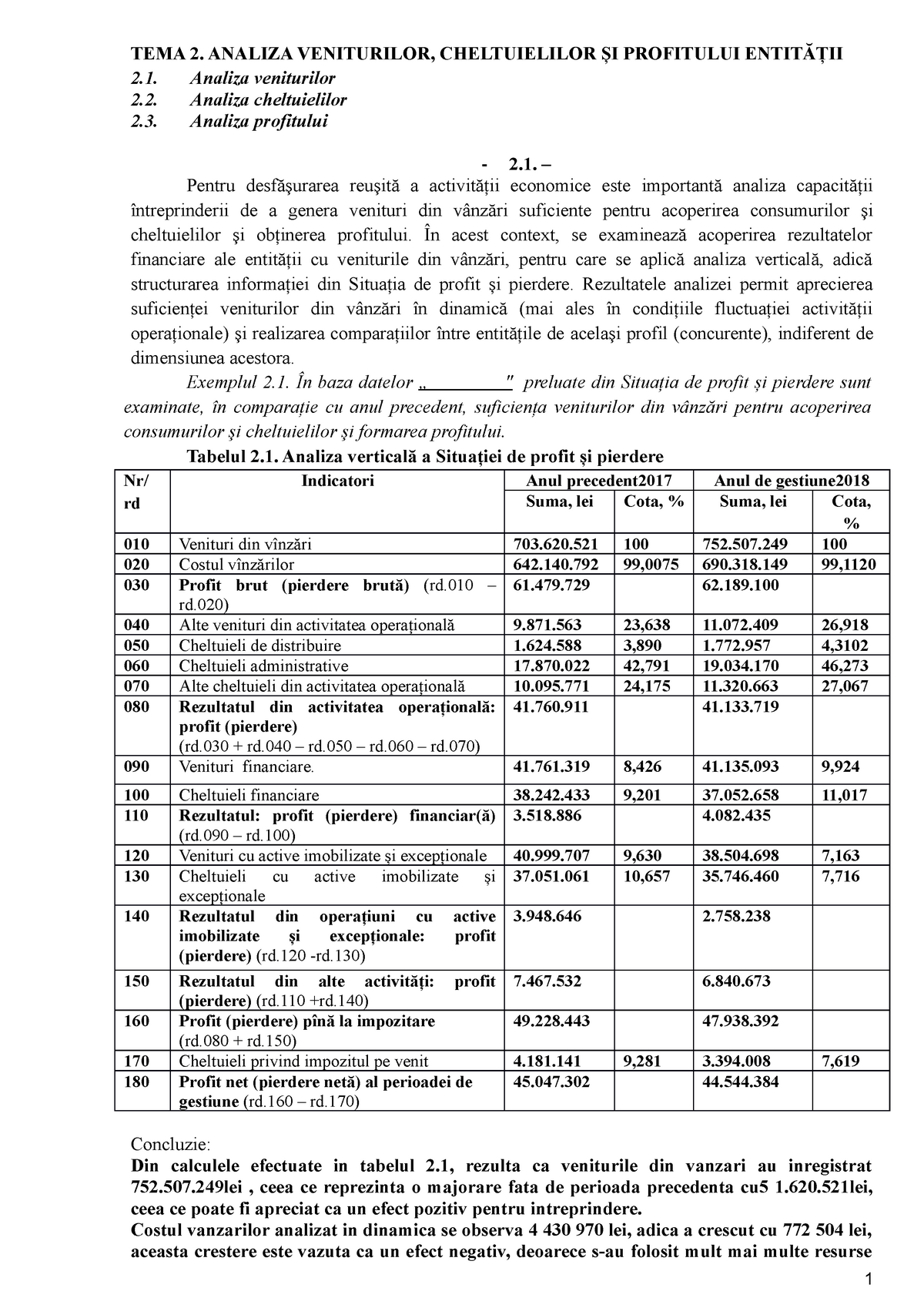 Tema-2 - TEMA 2. ANALIZA VENITURILOR, CHELTUIELILOR ȘI PROFITULUI ...