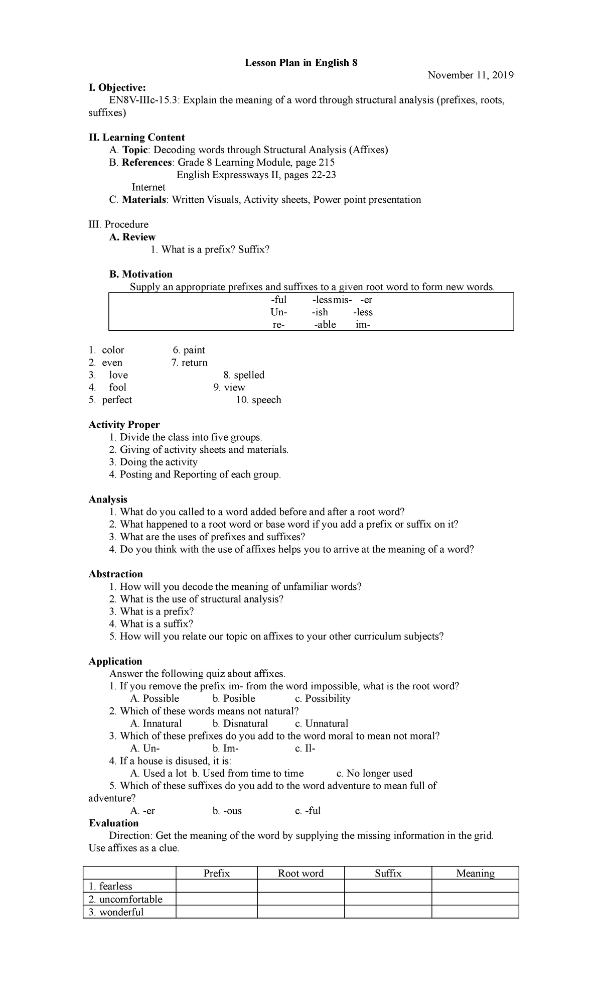 COT- Prefixes - LESSON PLAN IN ENGLISH 7 - Lesson Plan in English 8 ...