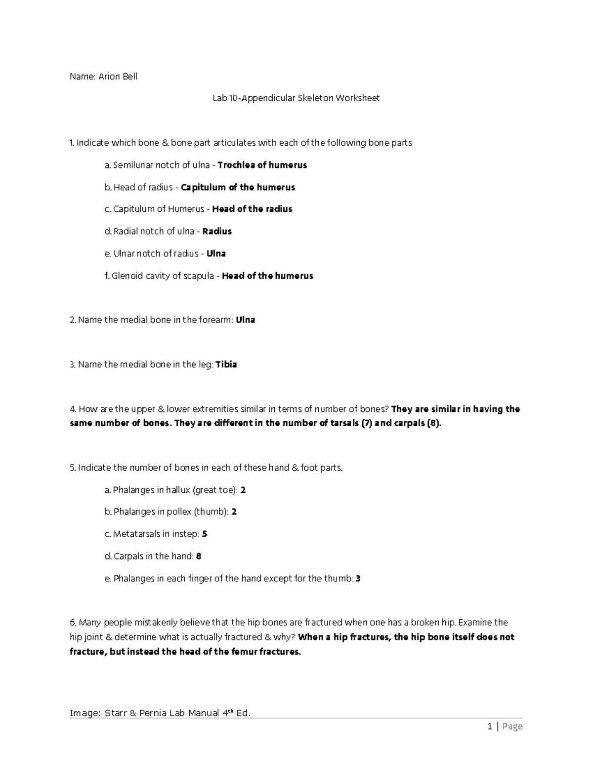 Lab 10 - Appendicular Skeleton - Name: Arion Bell Lab 10-Appendicular ...