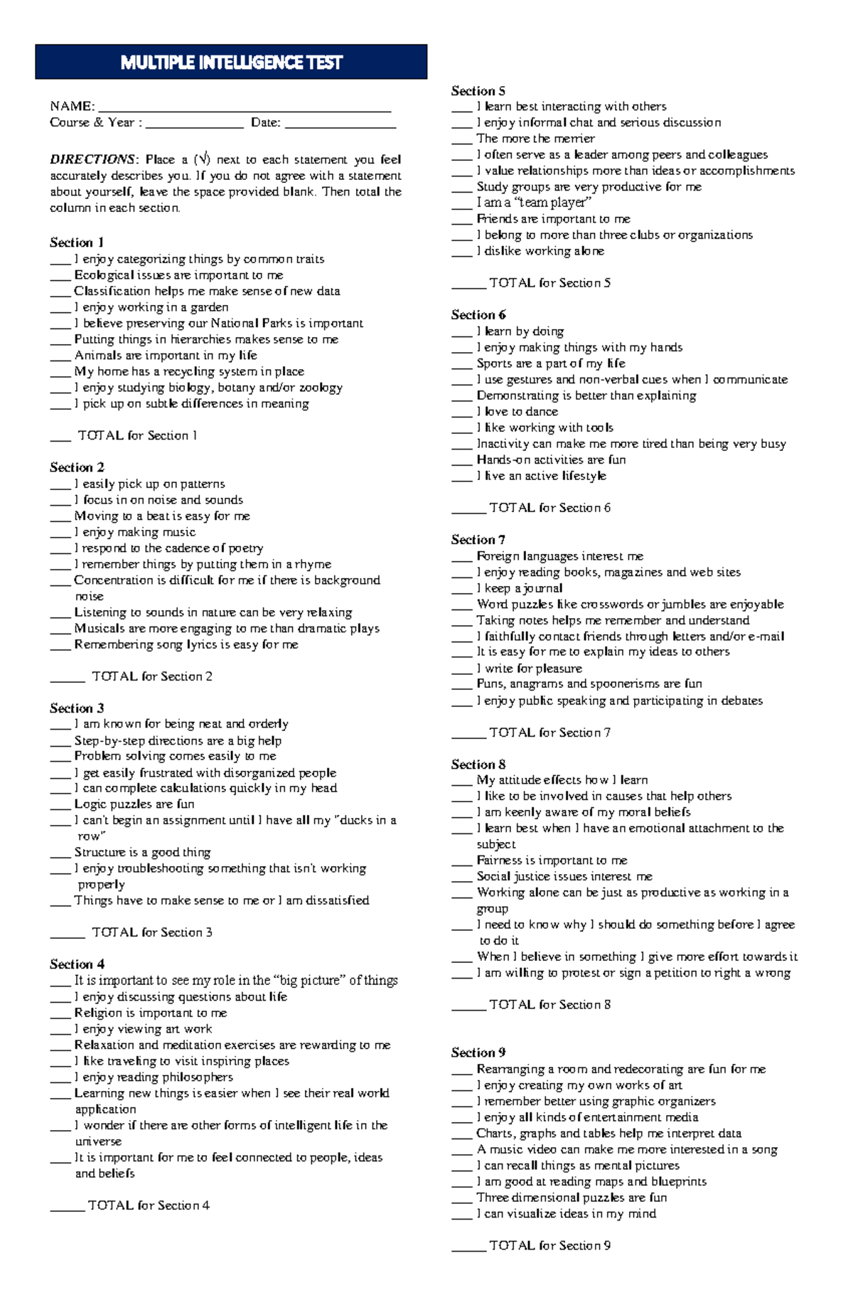 Multple Intelligence Instrument - Bachelor of Science in Accountancy ...