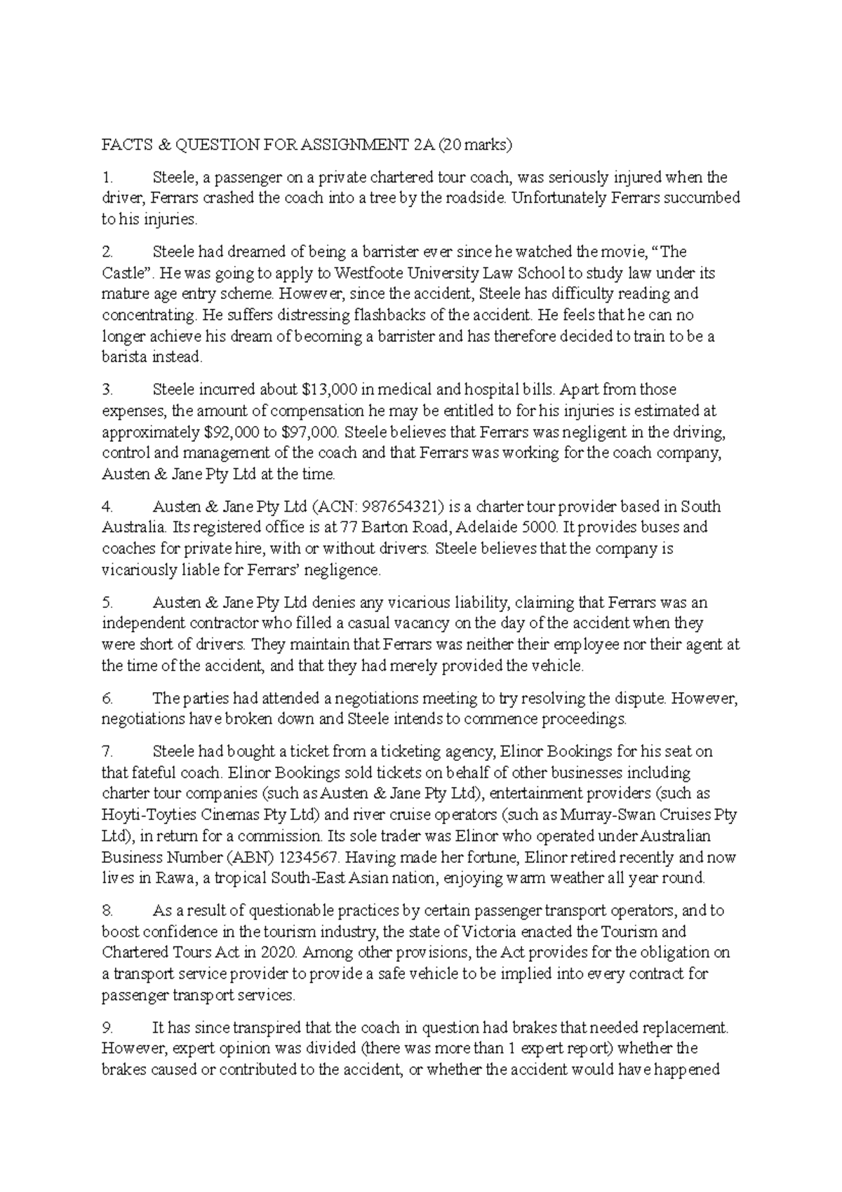 Civil Procedure Case Study Facts - FACTS & QUESTION FOR ASSIGNMENT 2A ...