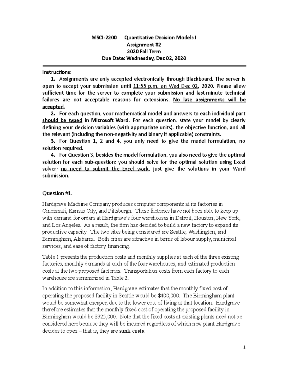 Assignment #2 - MSCI-2200 Quantitative Decision Models I Assignment ...