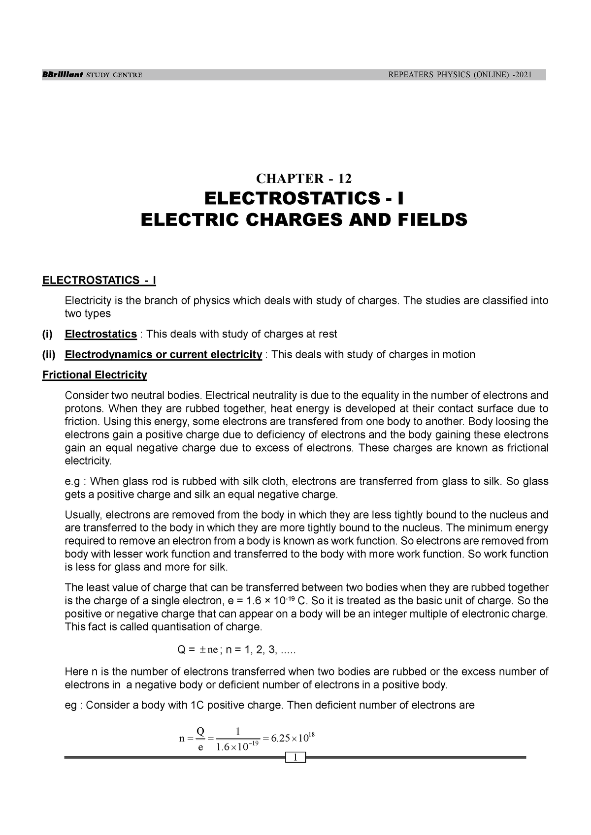 Electrostatics 1 - Its Lecture Notes - ####### CHAPTER - 12 ...