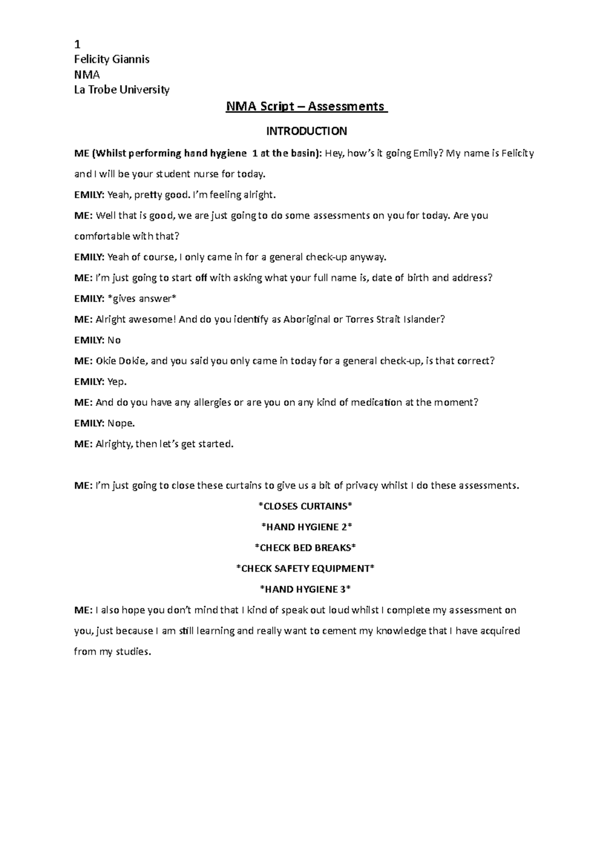 NMA-Script - Clinical skills test - Felicity Giannis NMA La Trobe ...