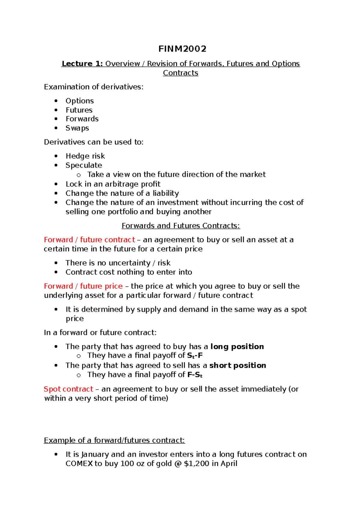 FINM2002 notes - FINM Lecture 1: Overview / Revision of Forwards ...