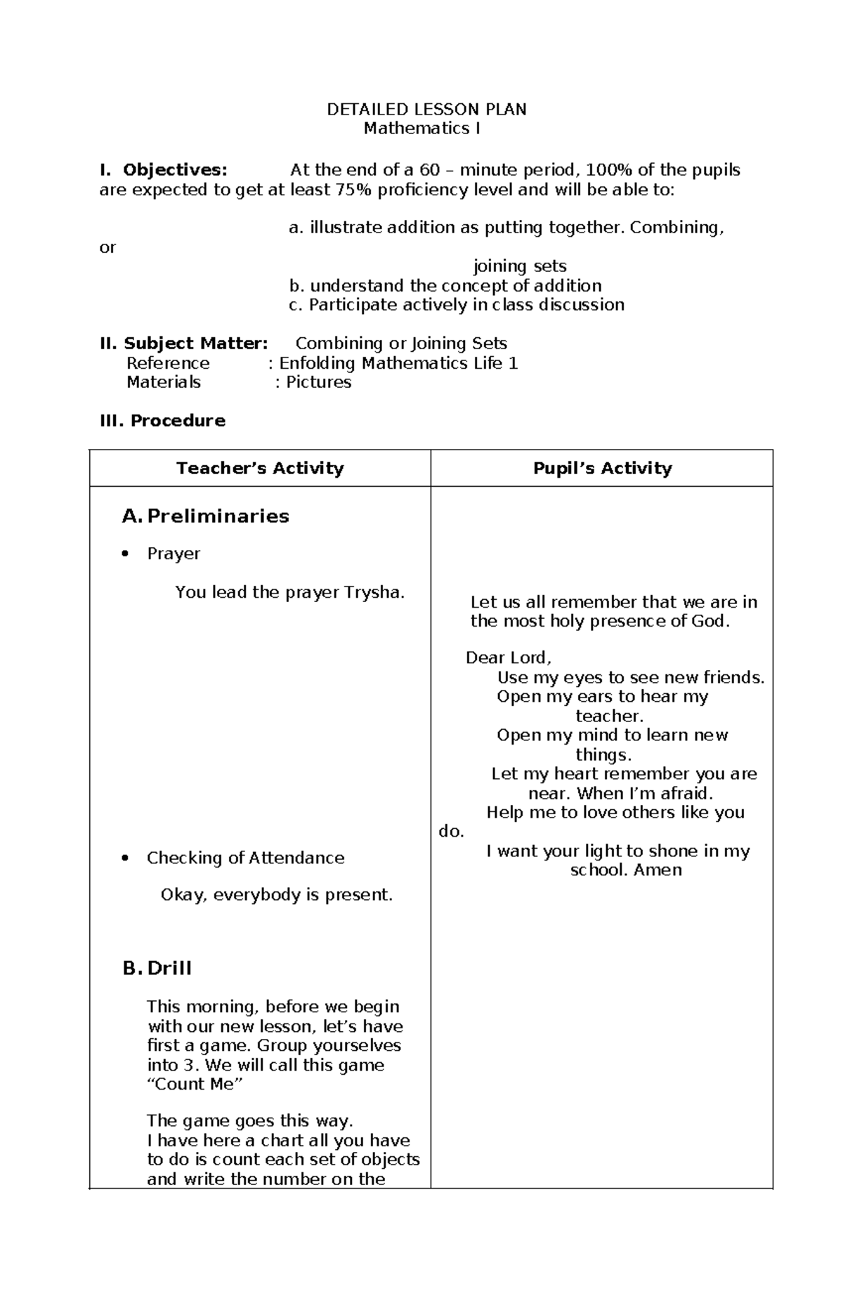 Math 1 DLL - for lesson purposes only. - DETAILED LESSON PLAN ...