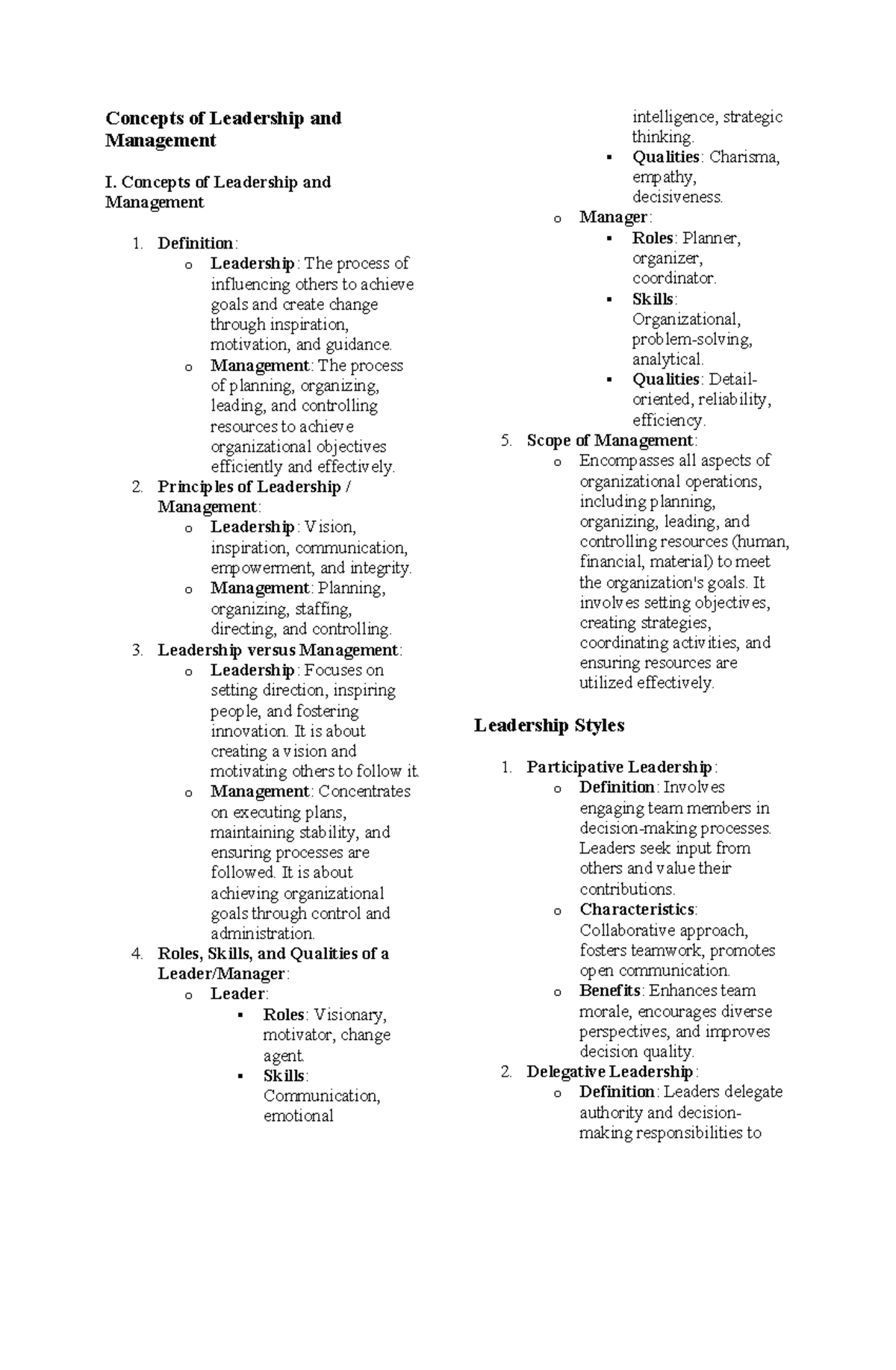 Concepts of Leadership and Management - Concepts of Leadership and ...
