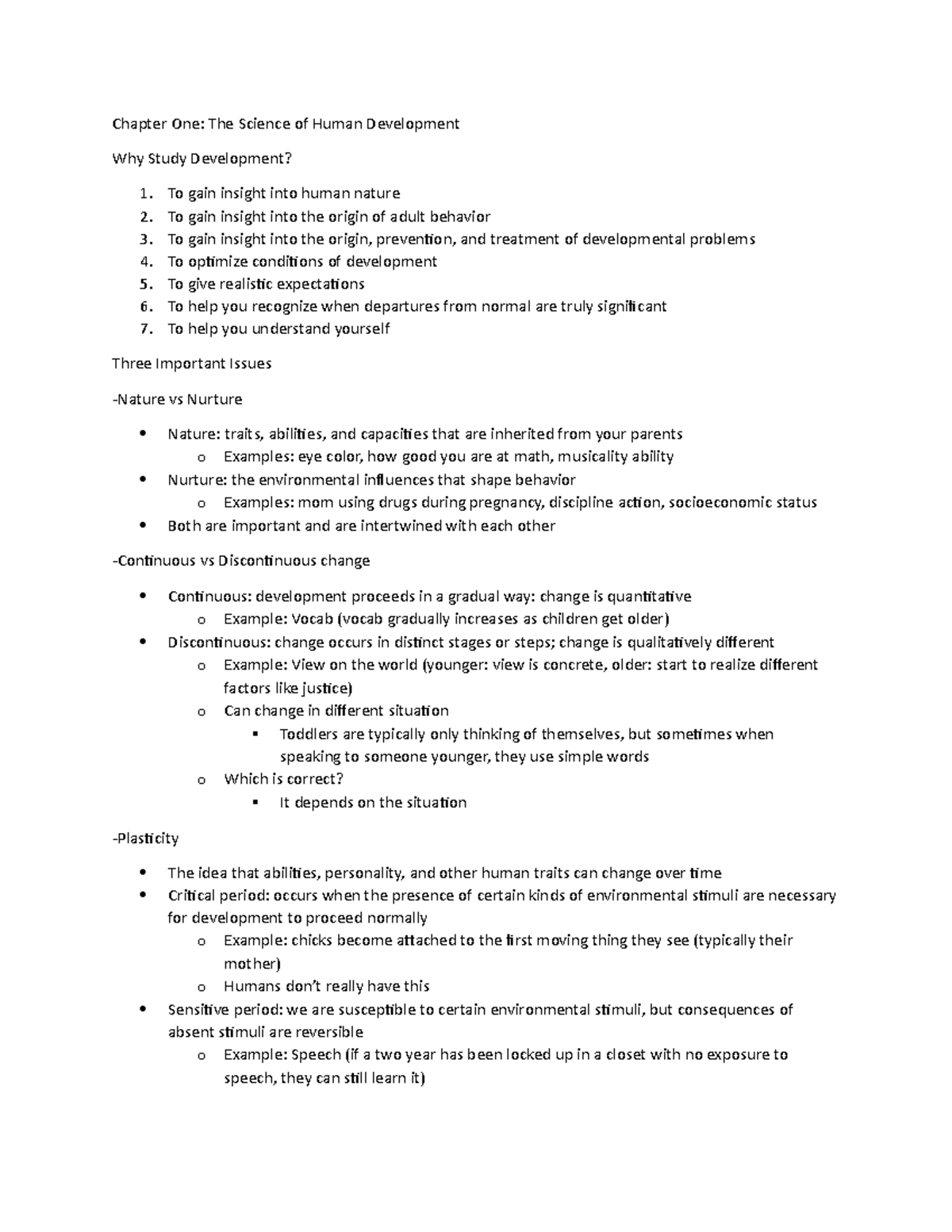 Chapter 1 Notes - Chapter One: The Science of Human Development Why ...