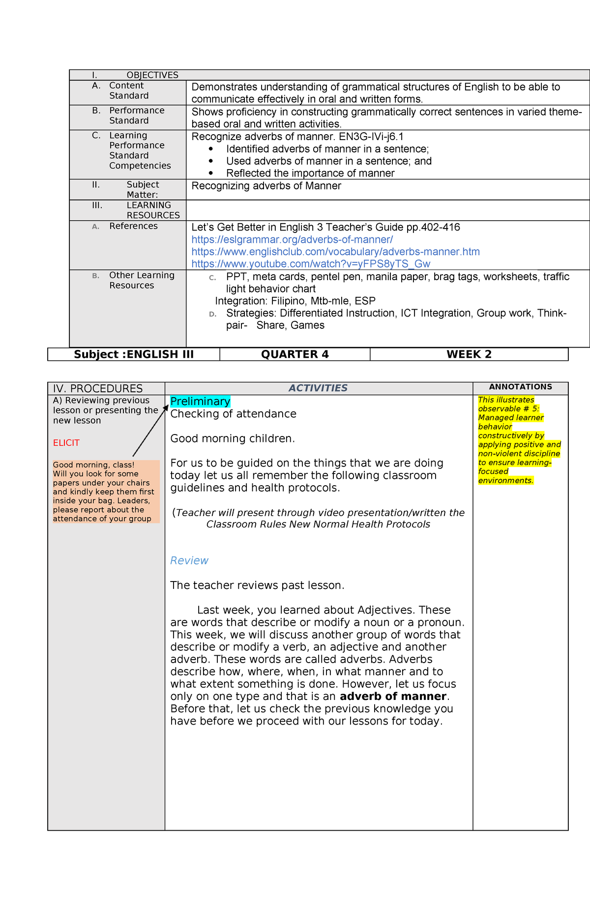 LESSON PLAN FOR TEACHER - I. OBJECTIVES A. Content Standard ...