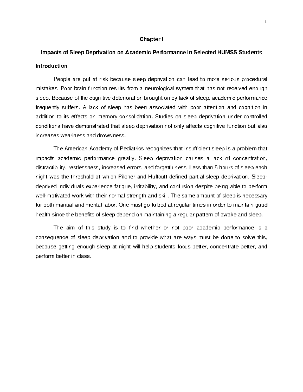 Chapter 1 Impacts Of Sleep Deprivation On Academic Performance In 