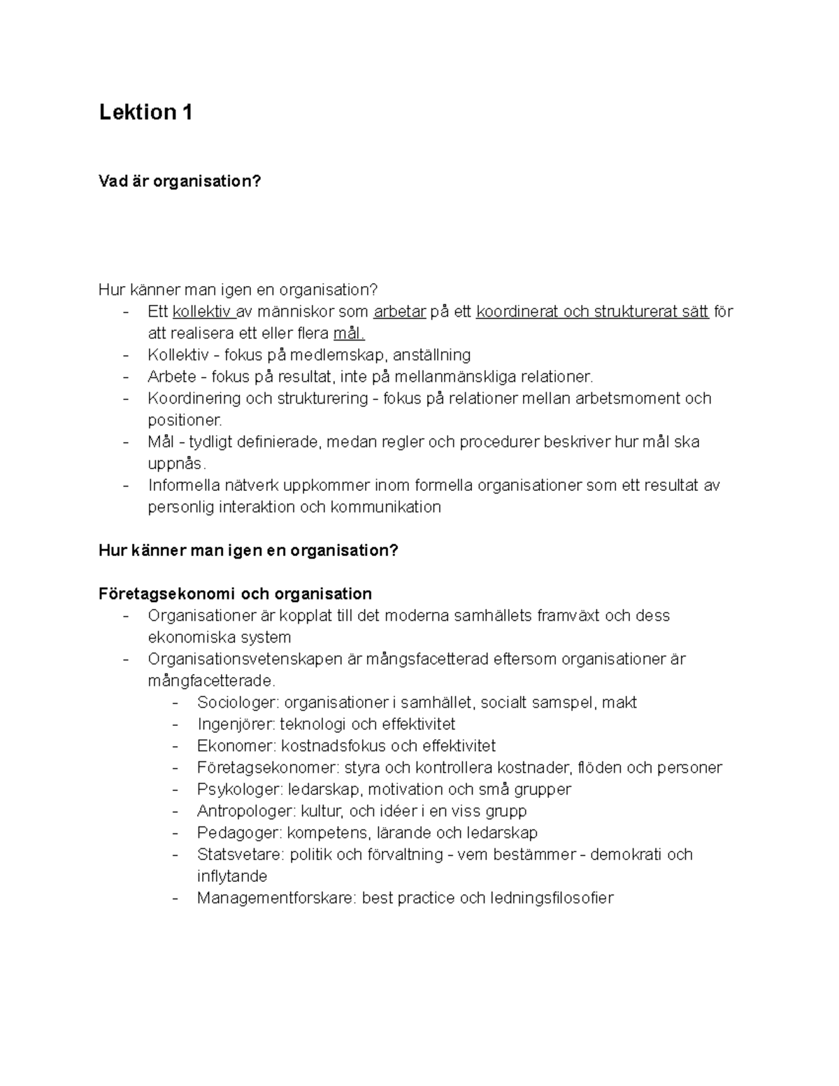 Anteckningar - Organisation - Lektion 1 Vad är Organisation? Hur Känner ...