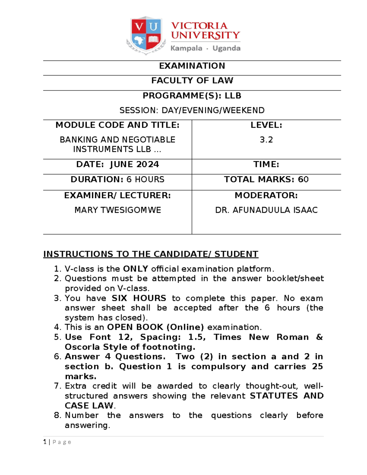 Banking Negotiable Instruments EXAM September 2024 - EXAMINATION ...