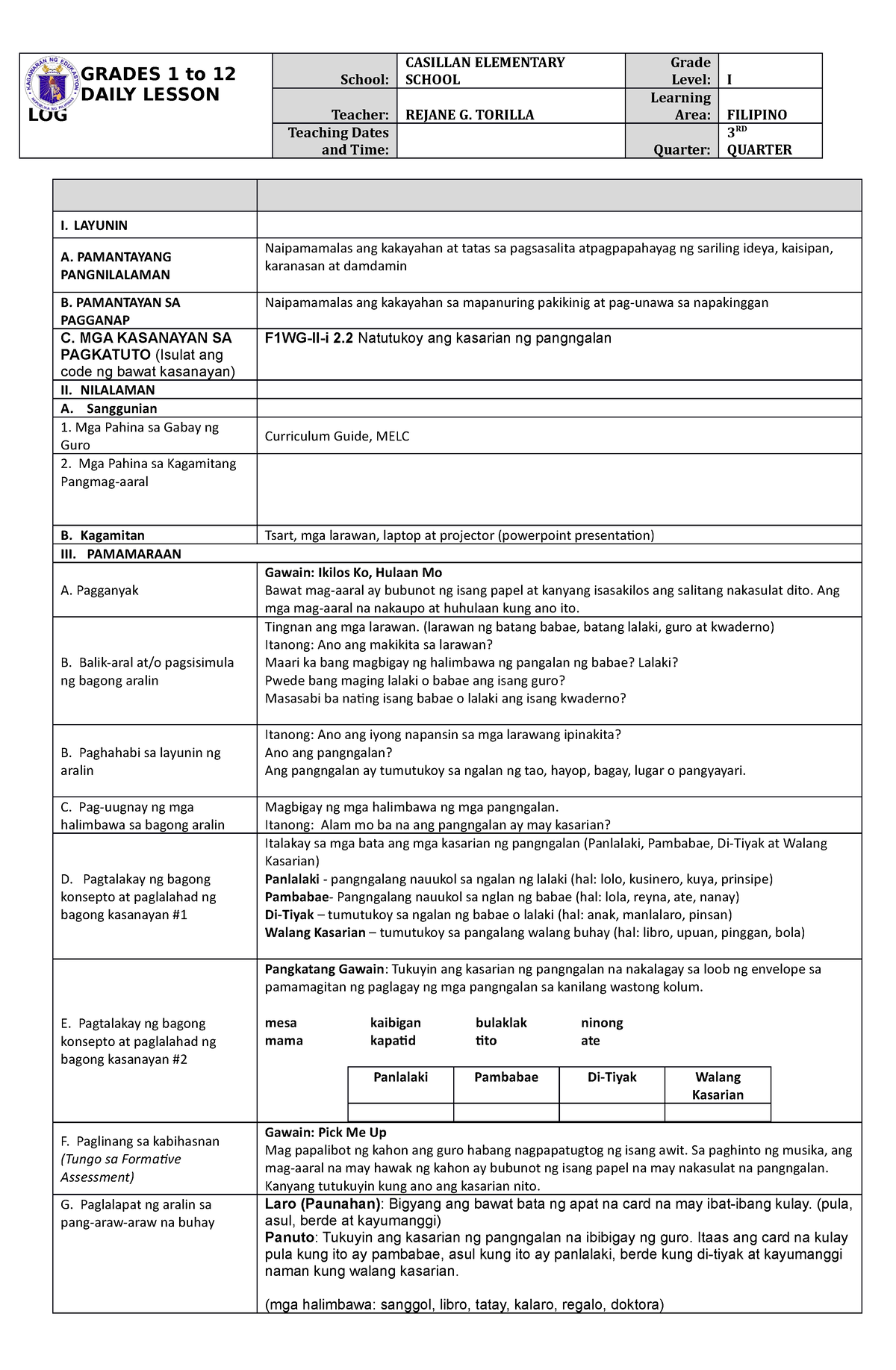 Dll Filipino 1 Q3 Cot 2022 Kasarian Ng Pangalan Grades 1 To 12 Daily Lesson Log School 1004