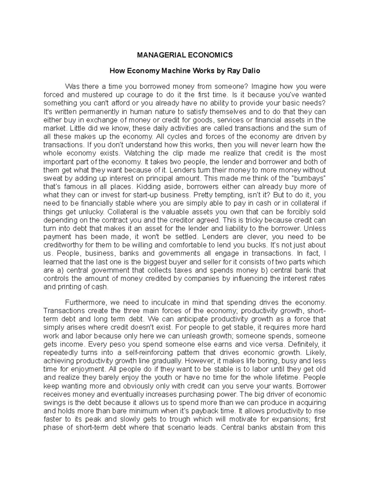 Case Study Hmwbrd RCDM - MANAGERIAL ECONOMICS How Economy Machine Works ...