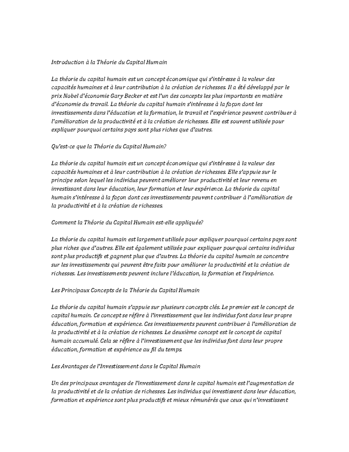 Human Capital Theory Study Notes Introduction à la Théorie du Capital