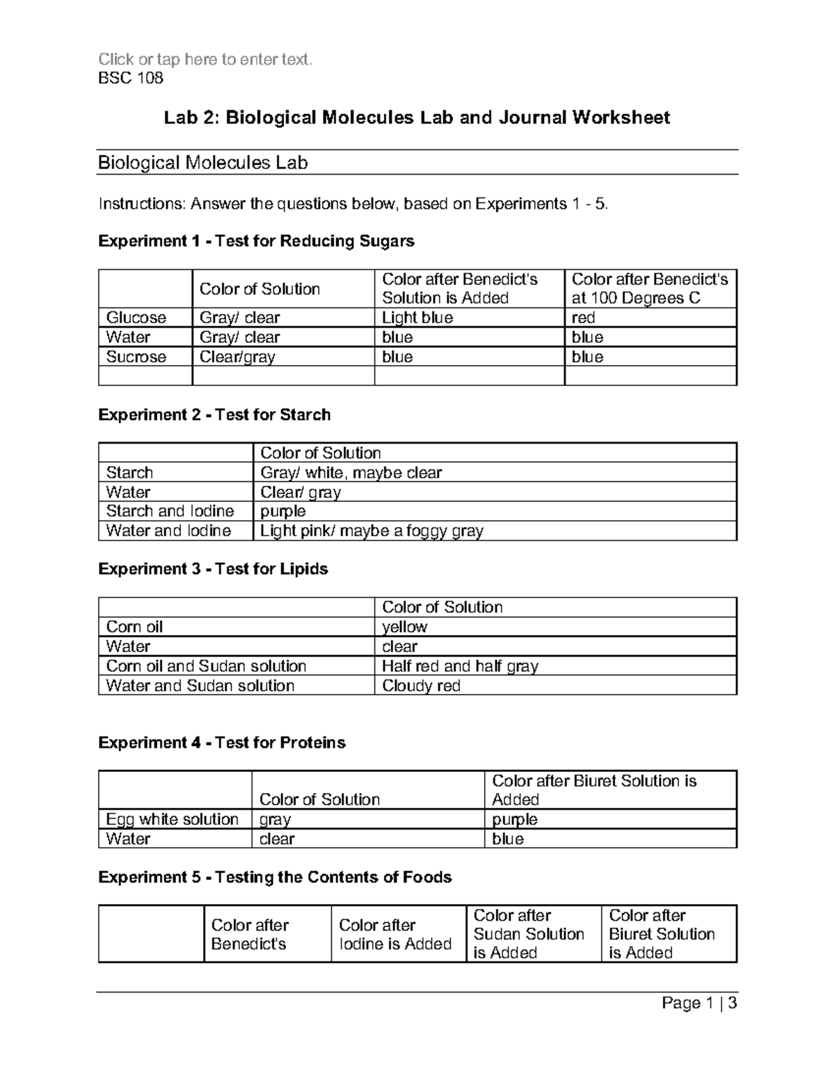 Assignment2/lab2 For Bsc108 - Click Or Tap Here To Enter Text. BSC 108 ...