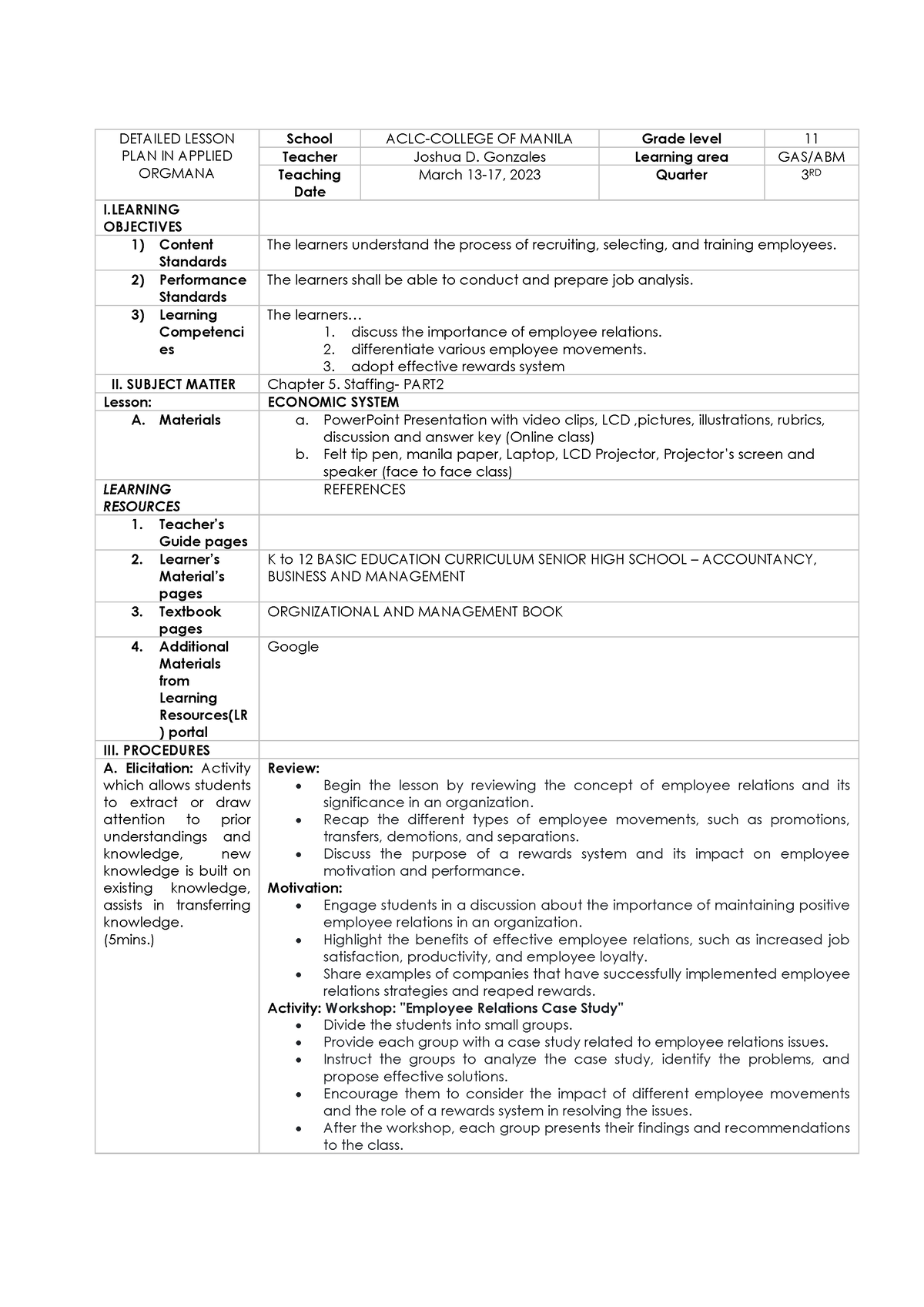 WLP Orgman WEEK6 - managment - DETAILED LESSON PLAN IN APPLIED ORGMANA ...