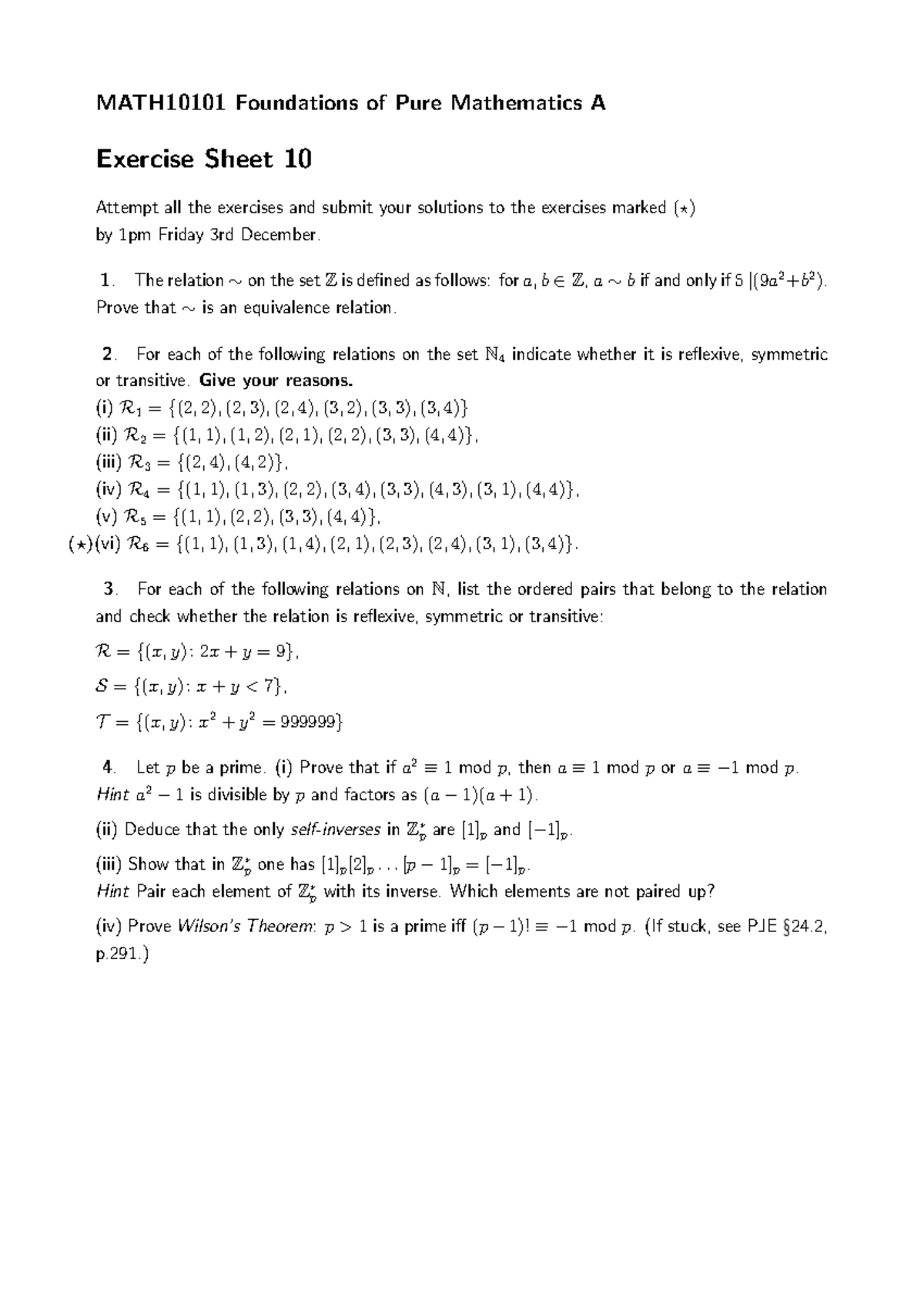 Ex10 - fsfsf - MATH10101 Foundations of Pure Mathematics A Exercise ...