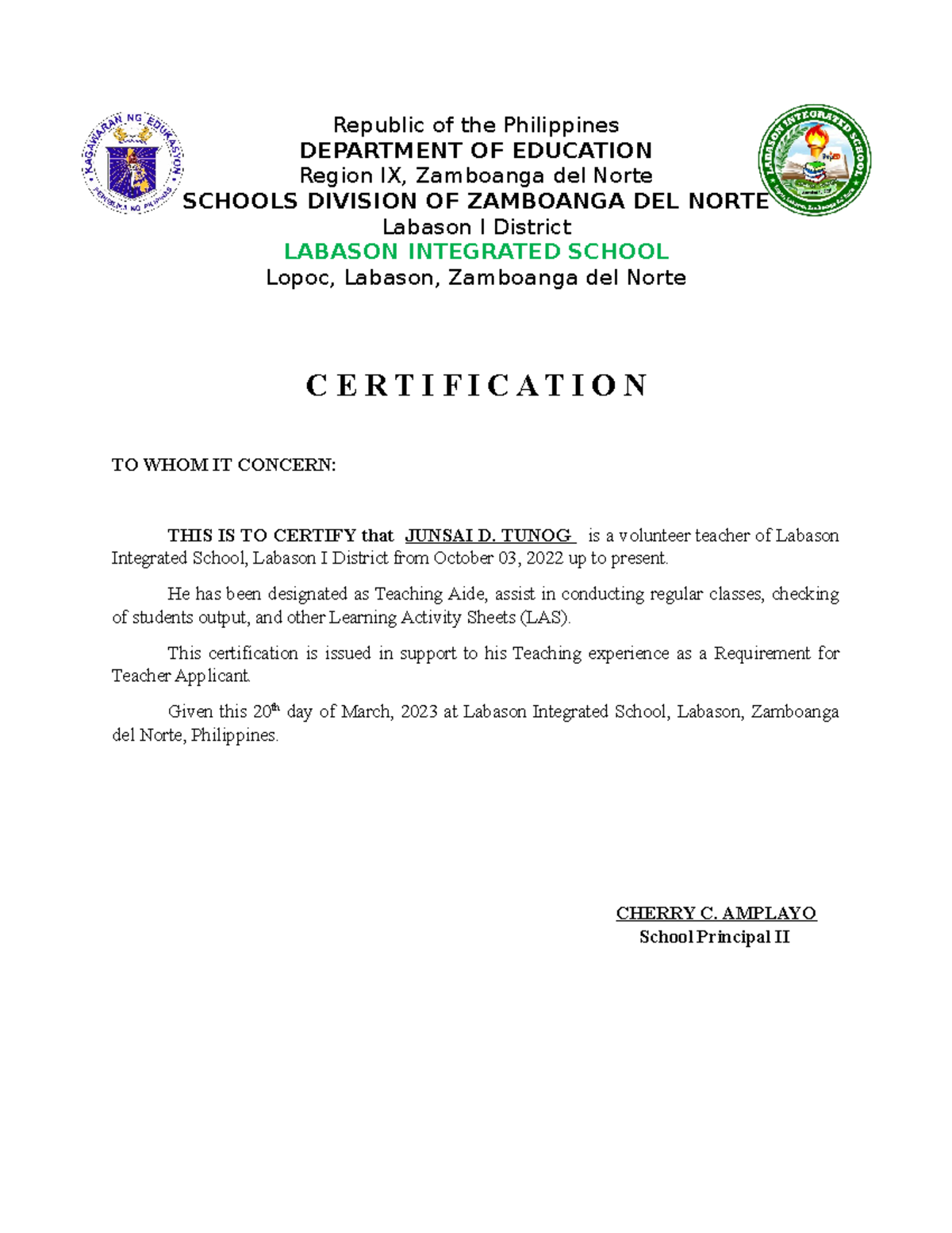 Certificate of experience - Republic of the Philippines DEPARTMENT OF ...