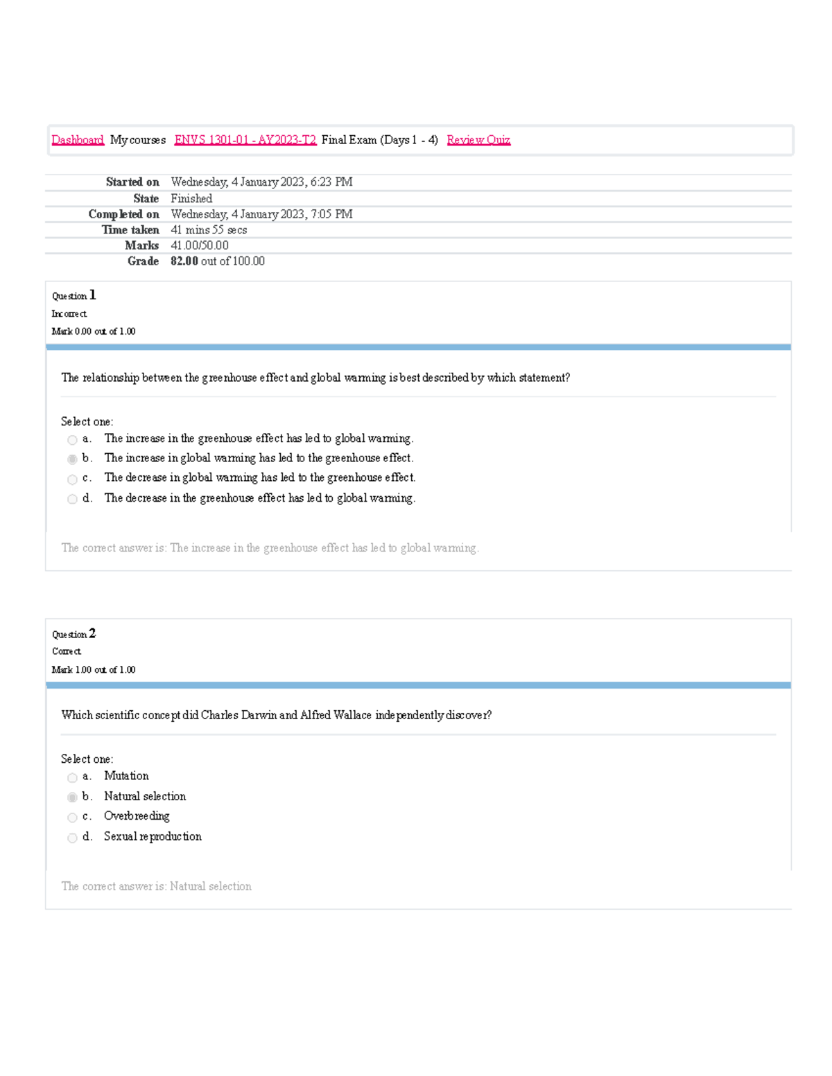 Envs 1301 Review Quiz Attempt Review - Started On Wednesday, 4 January 