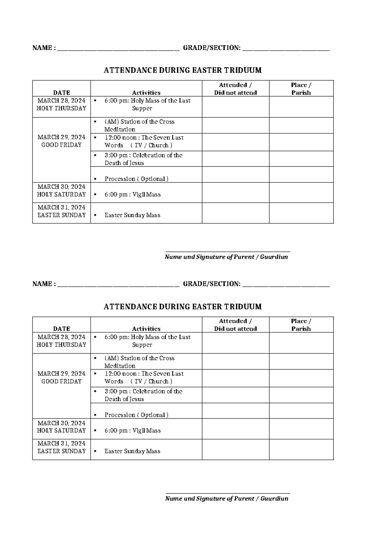 Triduumattendance ur dad NAME