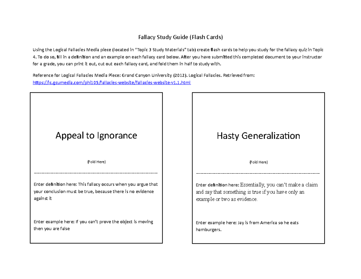 PHI105 - course work - Fallacy Study Guide (Flash Cards) Using the ...