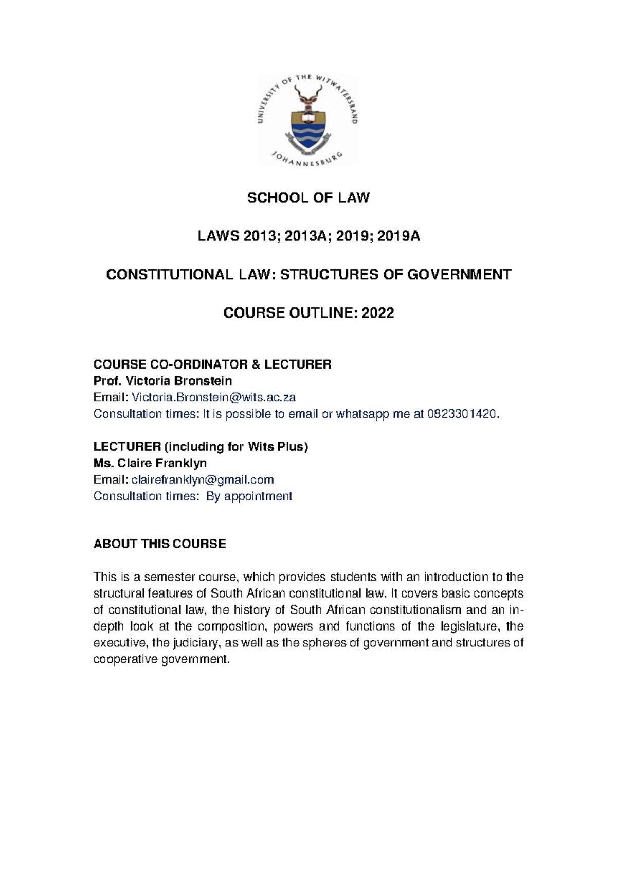 Constitutional law structures 2022 outline Final - SCHOOL OF LAW LAWS ...