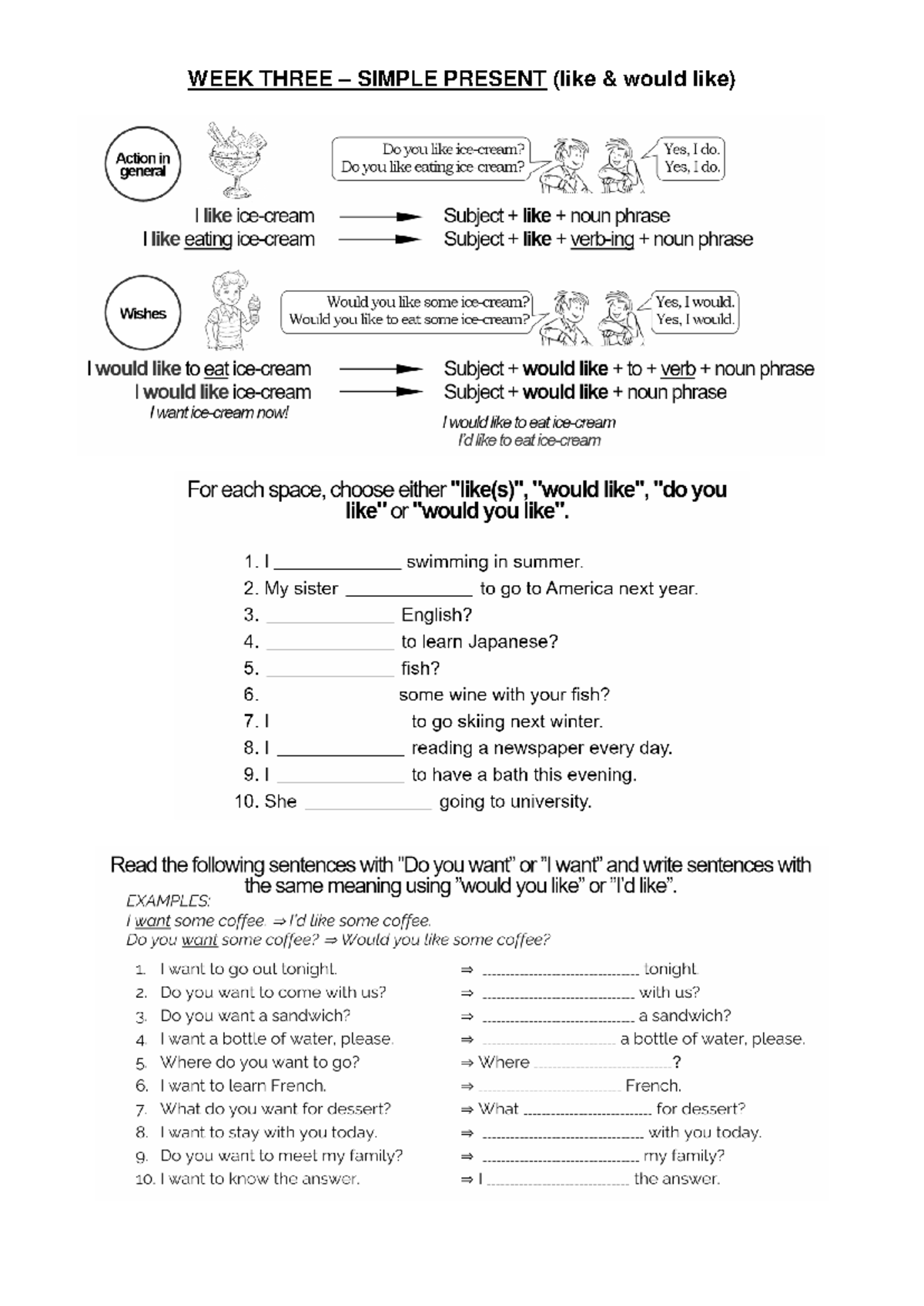 Week Three - Like & Would like - WEEK THREE SIMPLE PRESENT (like would ...
