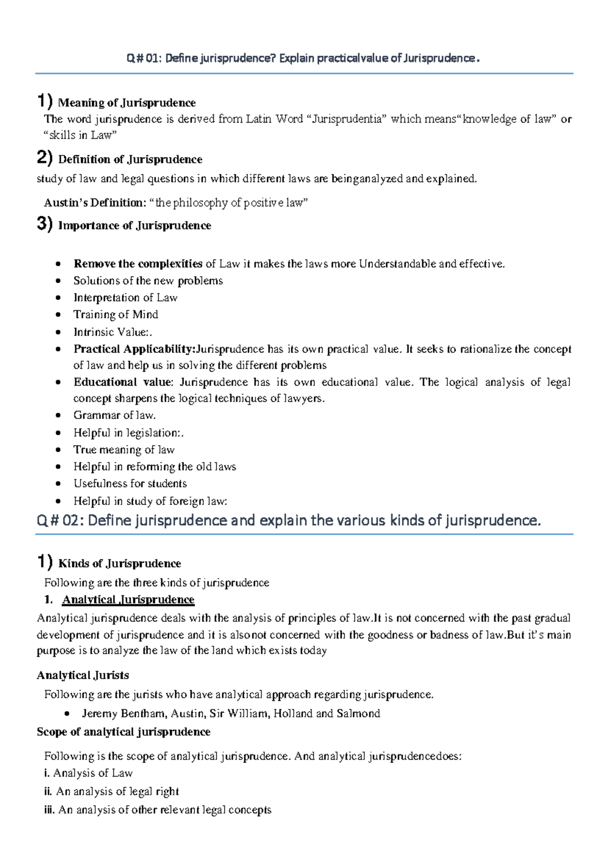 English jurisprudence notes Q 01 Define jurisprudence? Explain