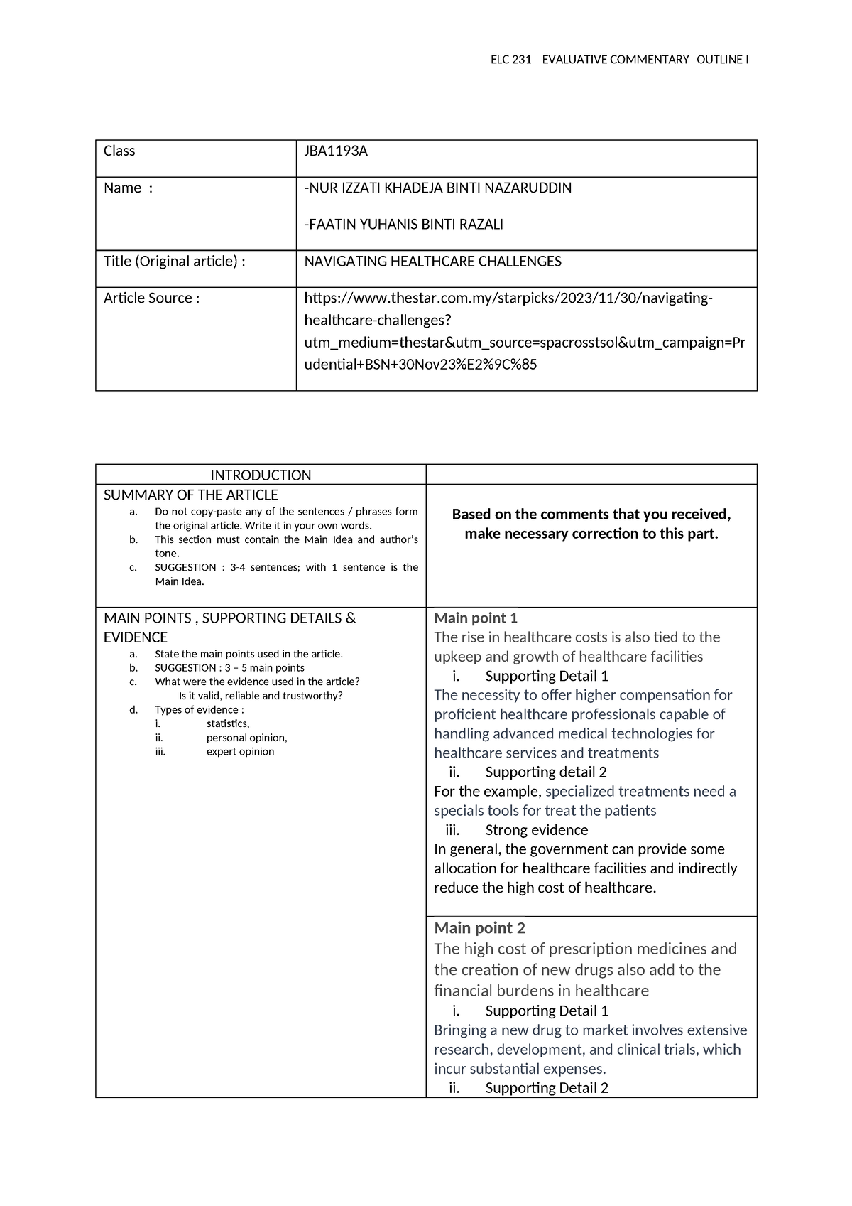 Evaluative Commentary Outline - ELC 231 EVALUATIVE COMMENTARY OUTLINE I ...