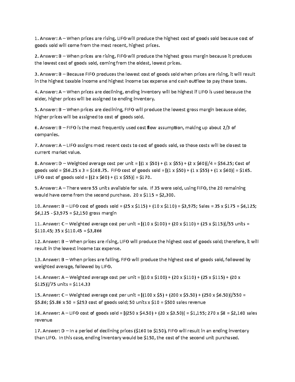 Chapter 5 Quiz Solution - Answer: A – When prices are rising, LIFO will ...