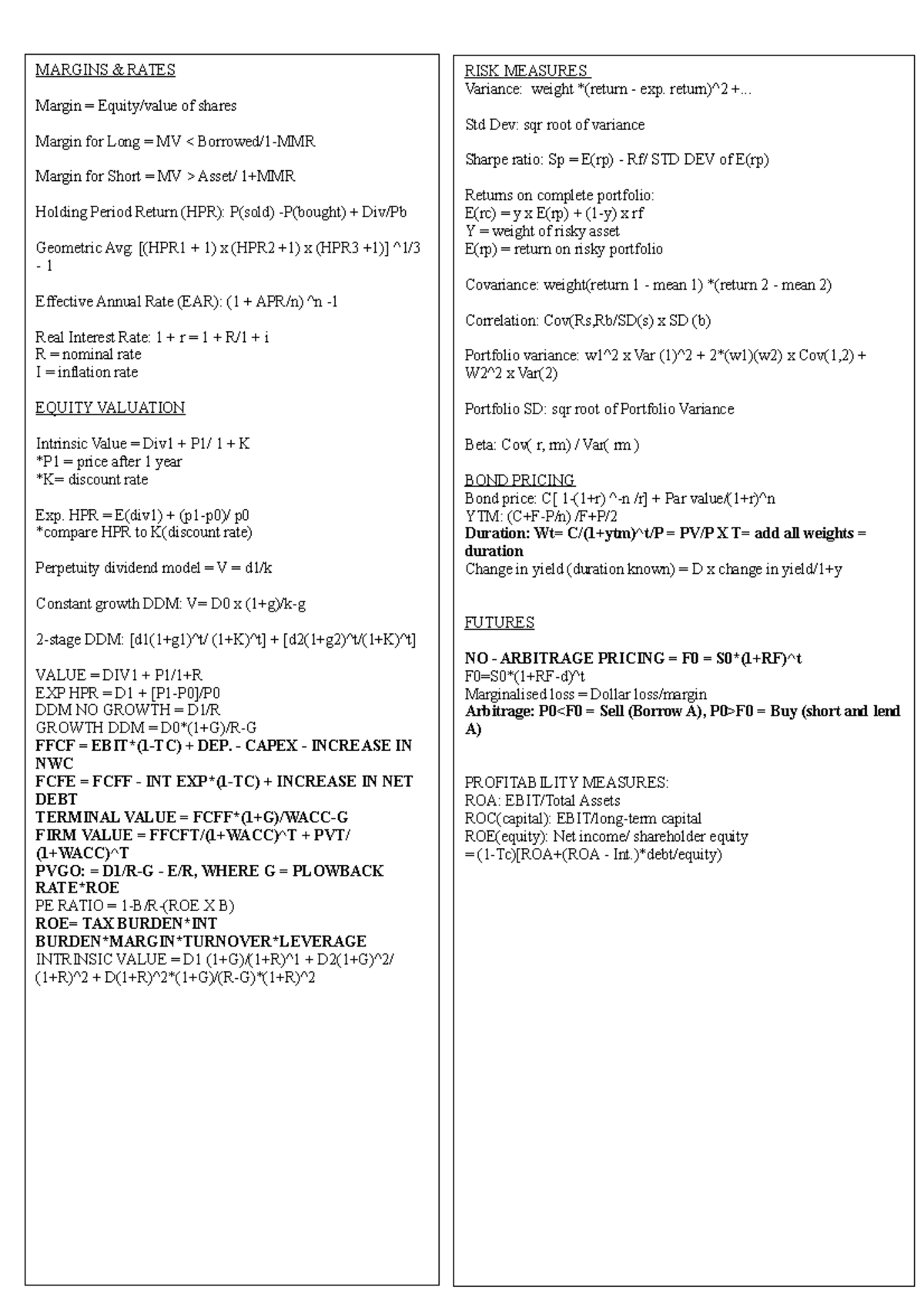 Investments Formula Sheet - RISK MEASURES Variance: weight *(return ...
