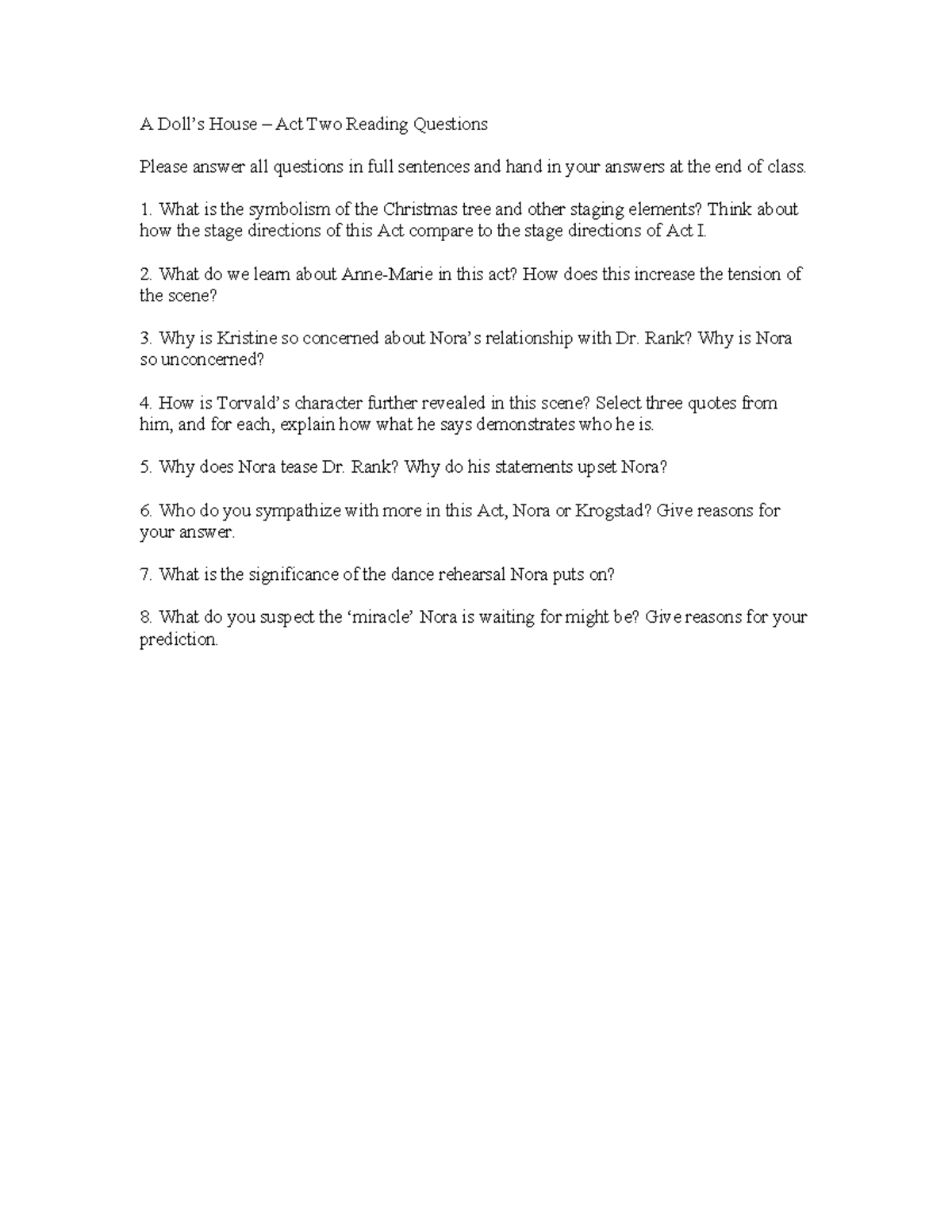 A Doll's House Act II Lecture materials A Doll’s House Act Two