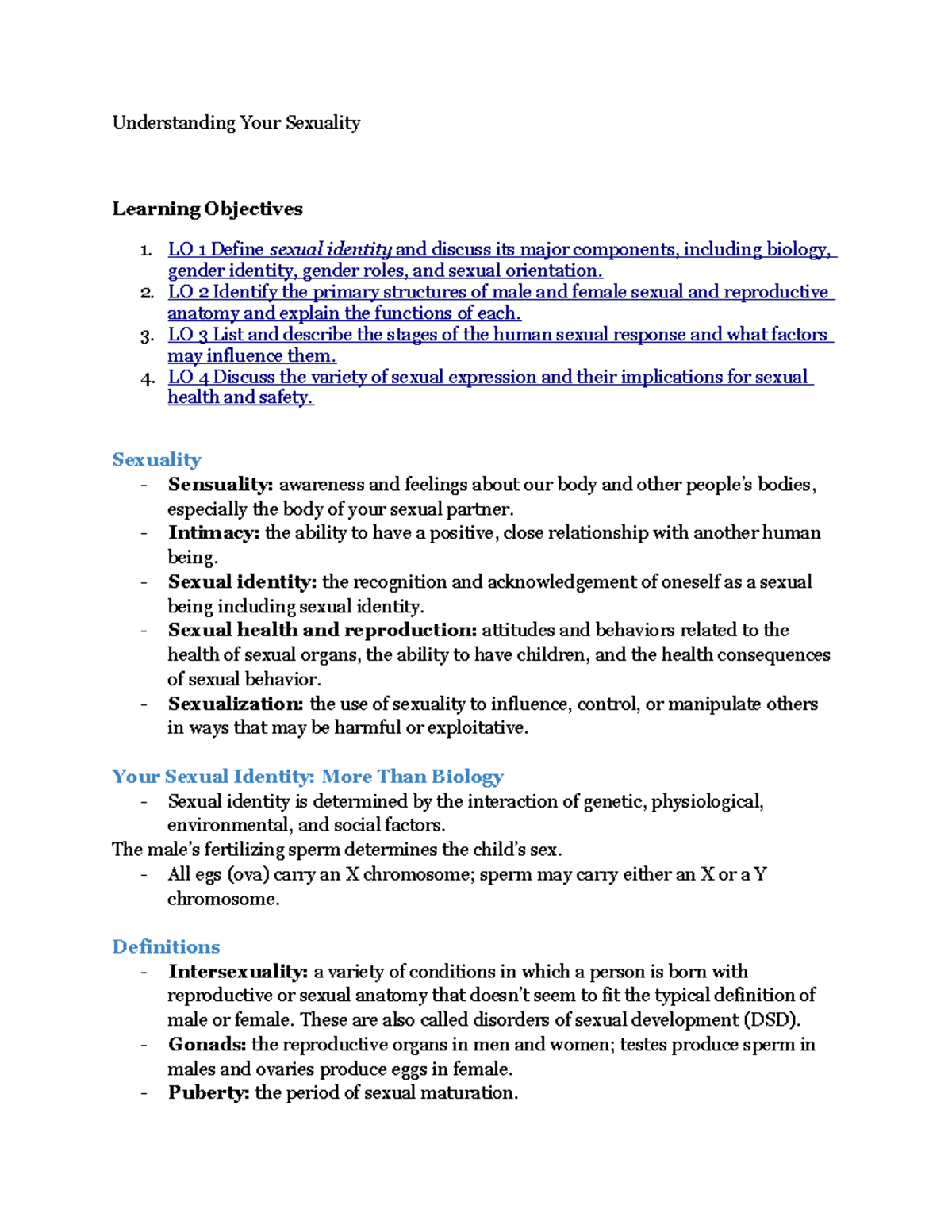 Chapter 9 Understanding Your Sexuality Understanding Your Sexuality Learning Objectives Lo 1