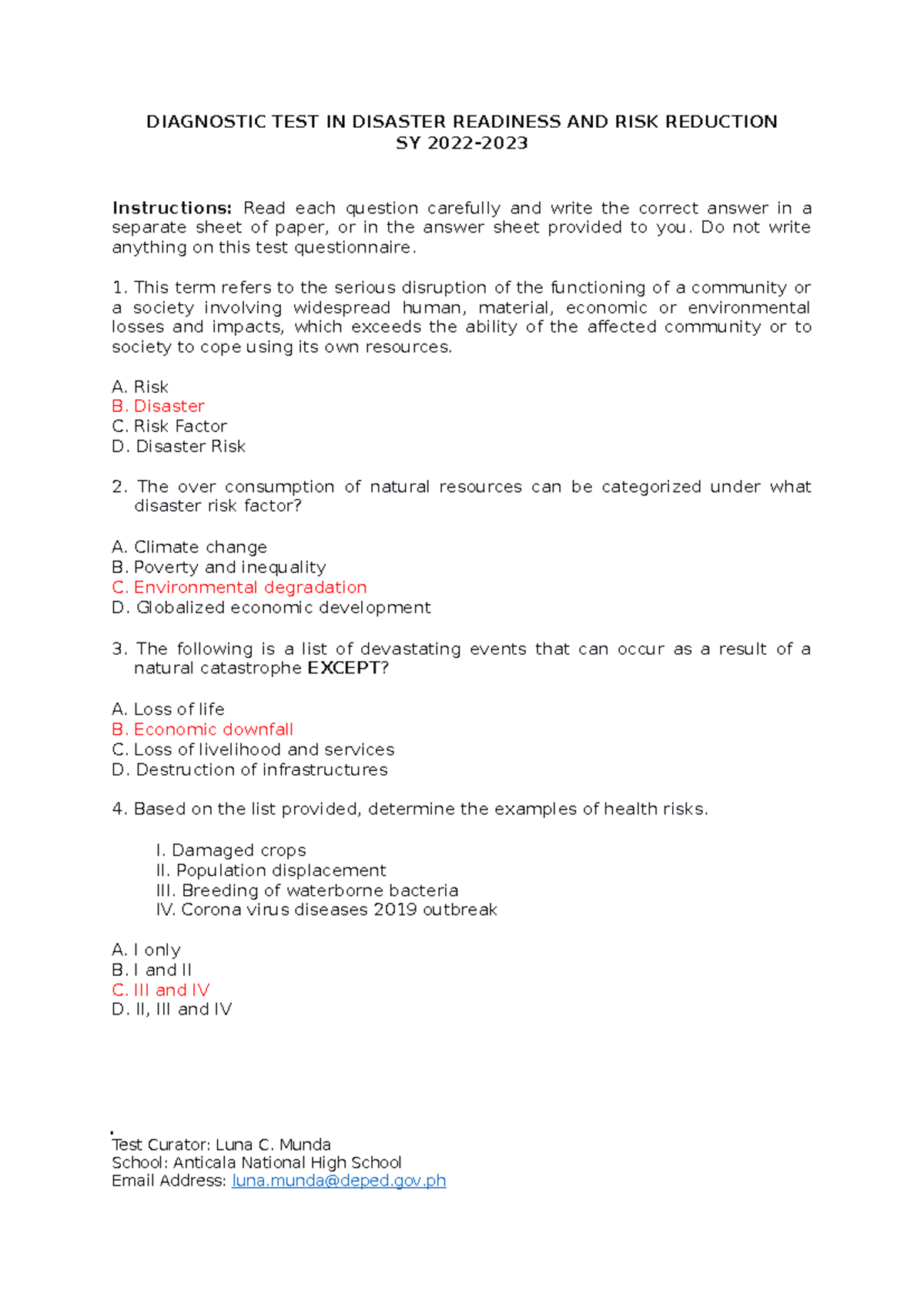 DRRR- Answer-KEY - Good reference - DIAGNOSTIC TEST IN DISASTER ...