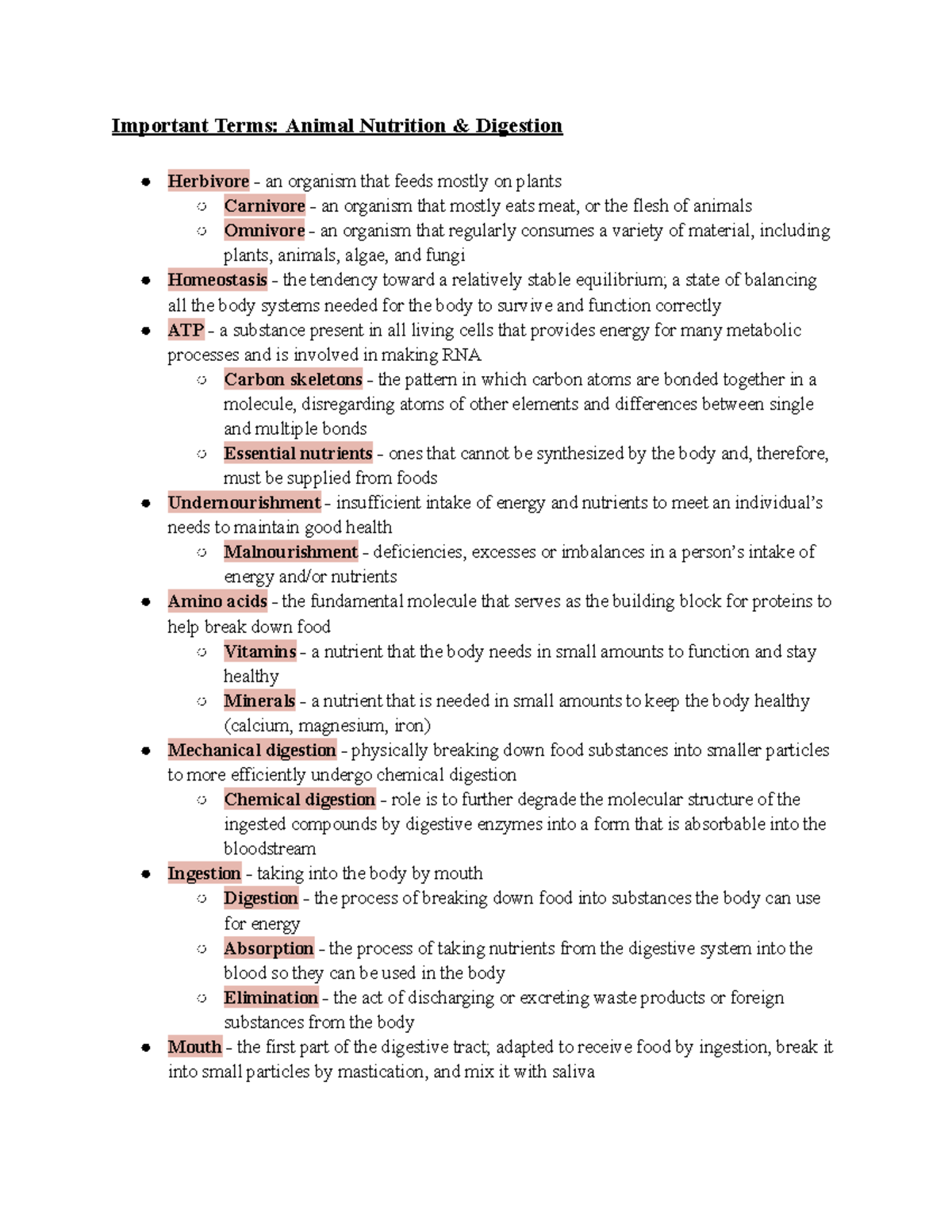 BIOL 112 Animal Nutrition Terms (1) Important Terms Animal