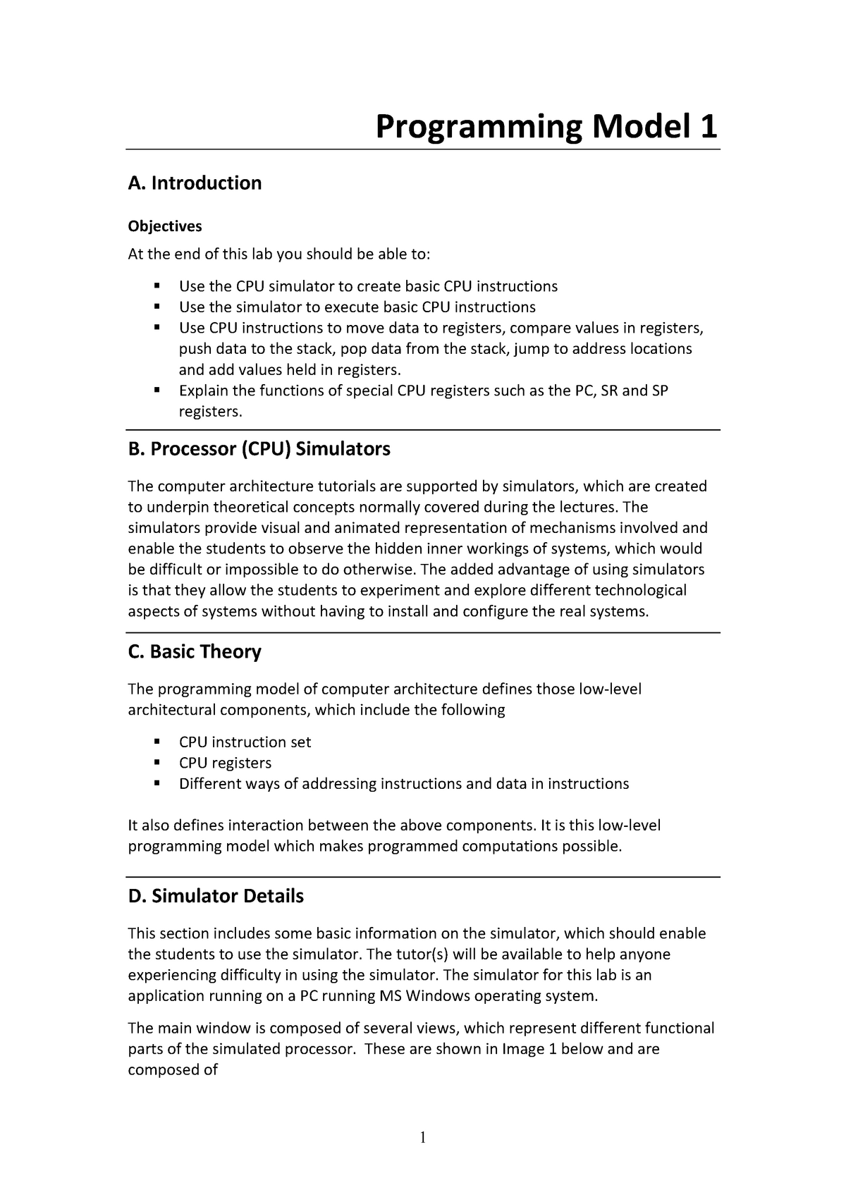 Processor (CPU) Simulators - Programming Model 1 A. Introduction ...