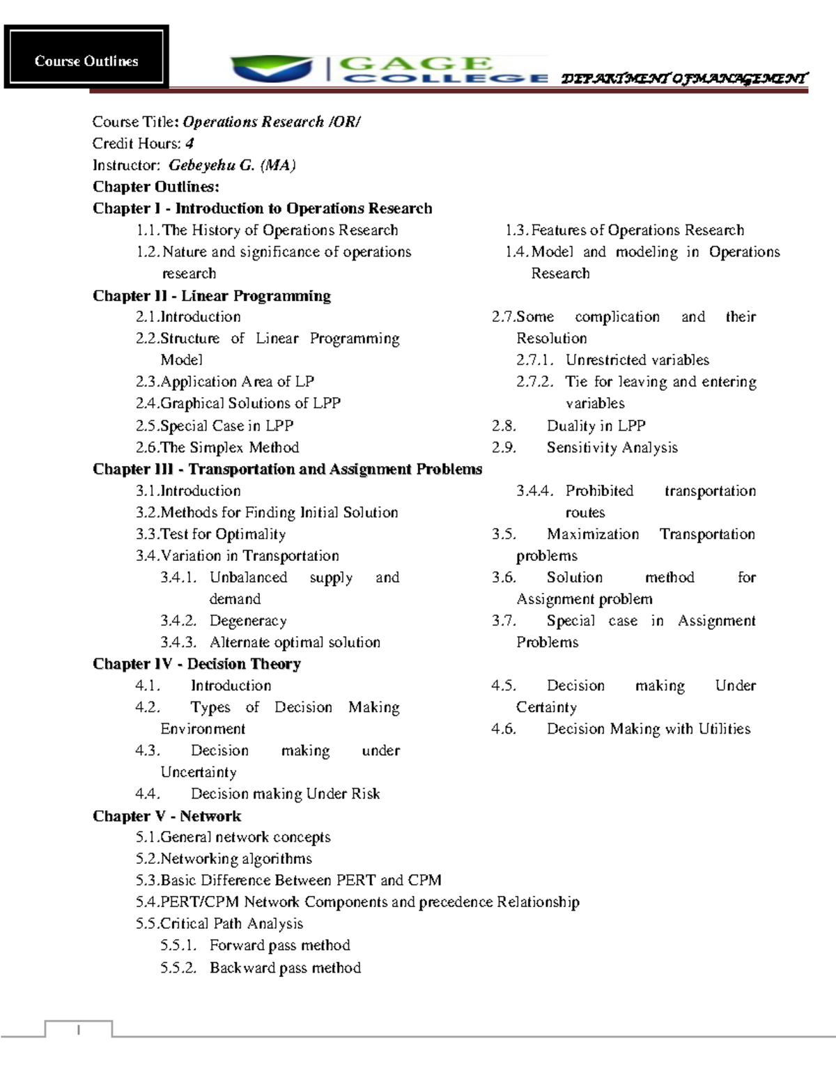 0. Course Outlines Operation Research - Business law - Studocu