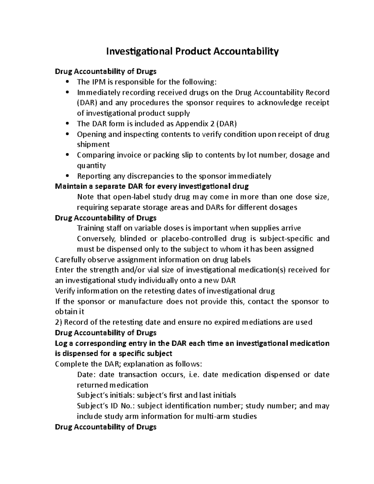 Investigational Product Accountability date medication dispensed or