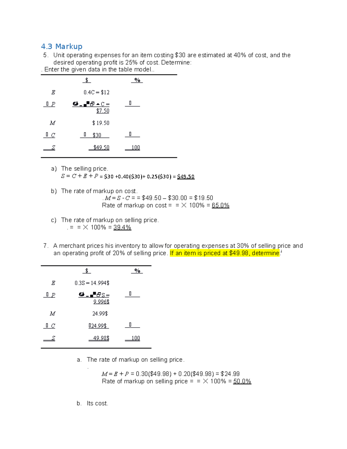 4.3 Markup - practice - 4 Markup 5. Unit operating expenses for an item ...