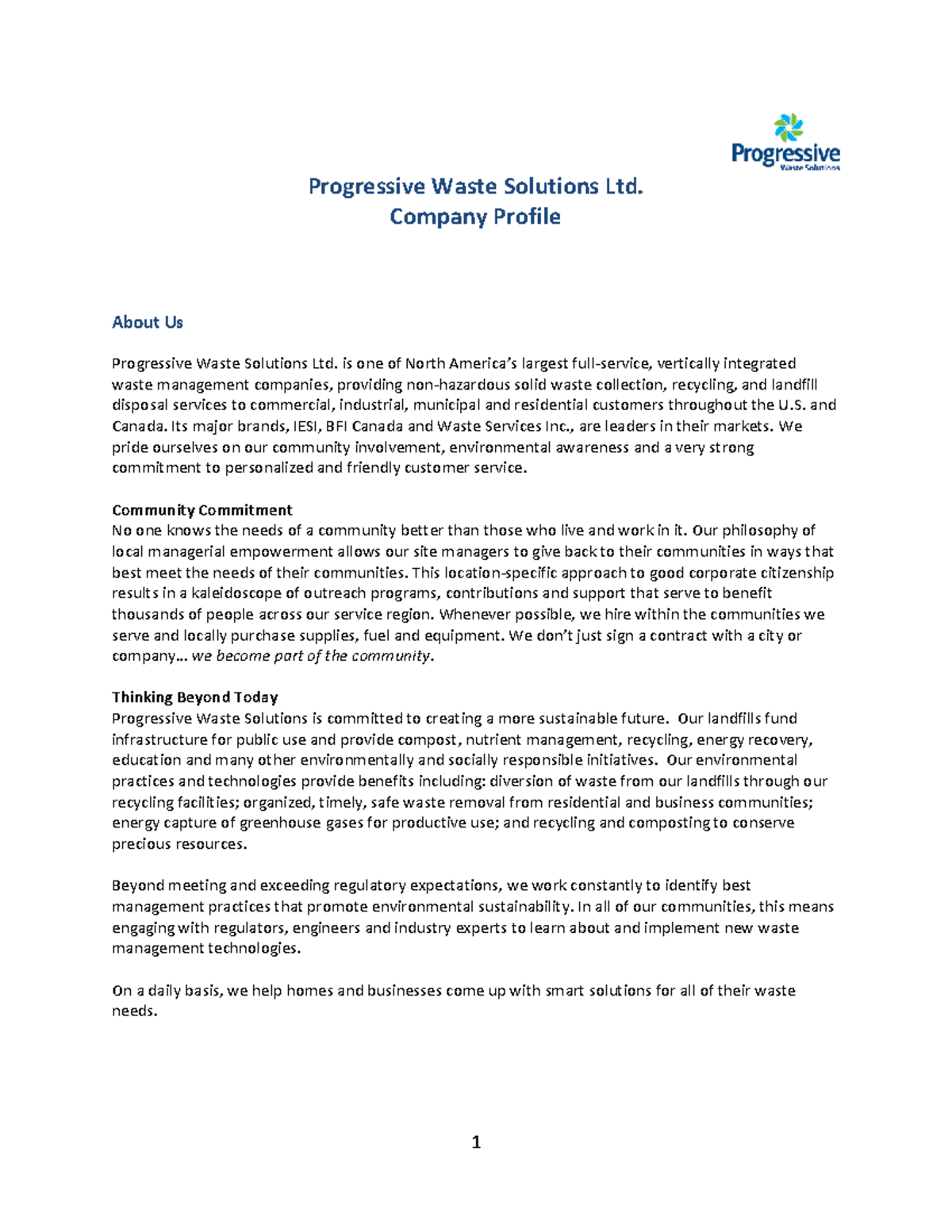 Progressive Waste Solutions Company Profile 1 Progressive Waste