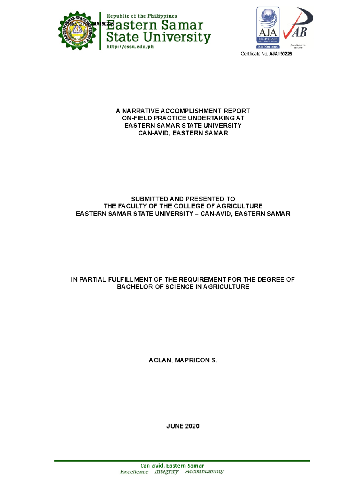 Mapricon Narrative Report Certificate No. AJA A NARRATIVE