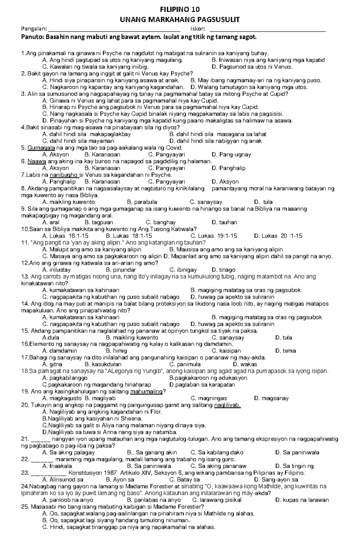 Q1- Filipino 10-EXAM - FIRST QUARTER EXAM - FILIPINO 10 UNANG MARKAHANG ...