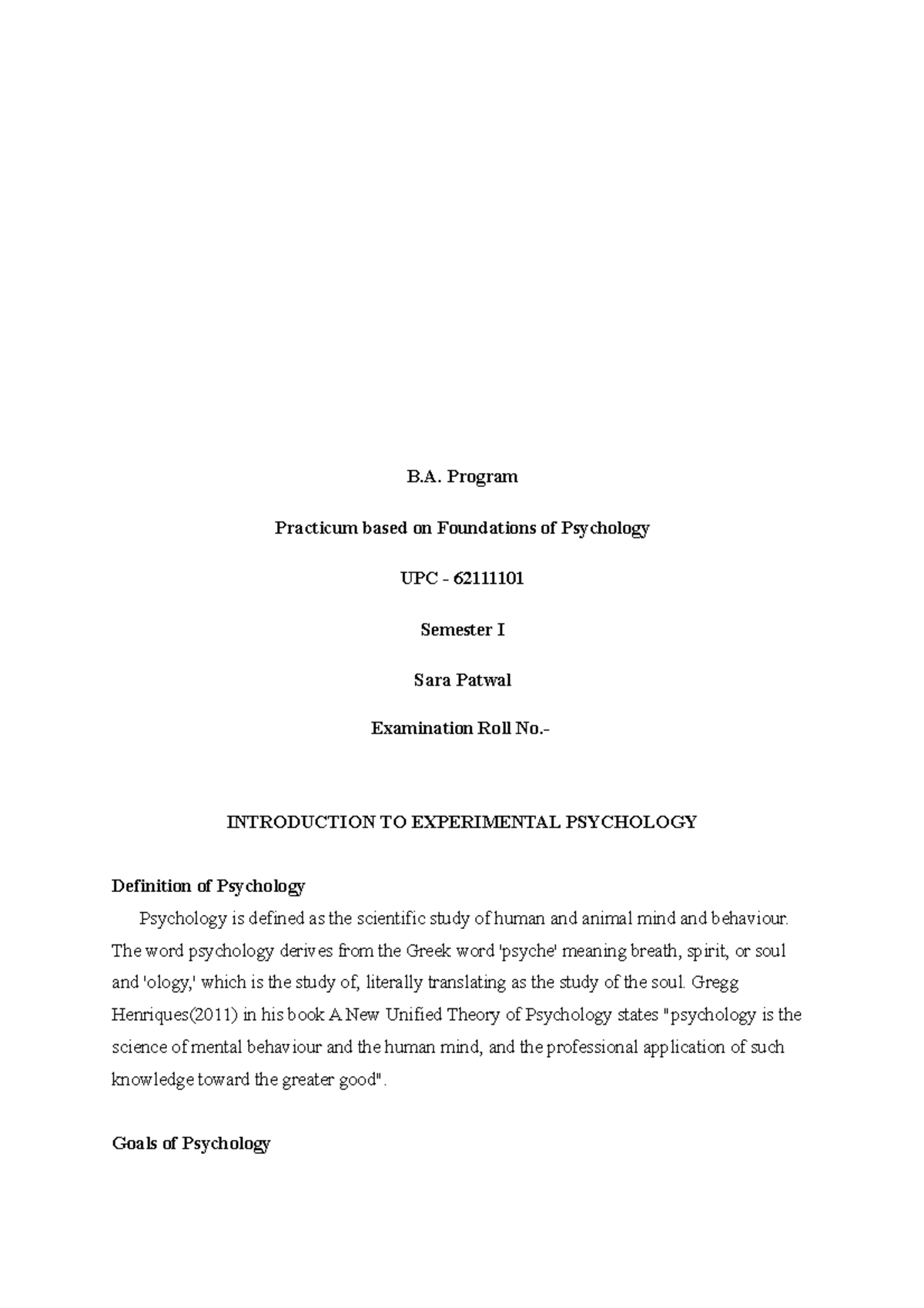 Introduction TO Experimental Psychology - B. Program Practicum Based On ...