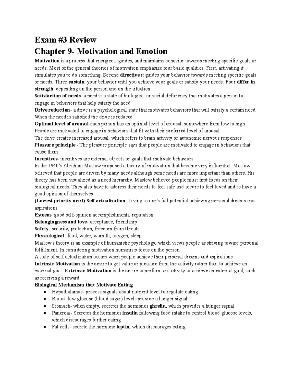 Psychology Exam 3 Summaries of the the chapters that will be on