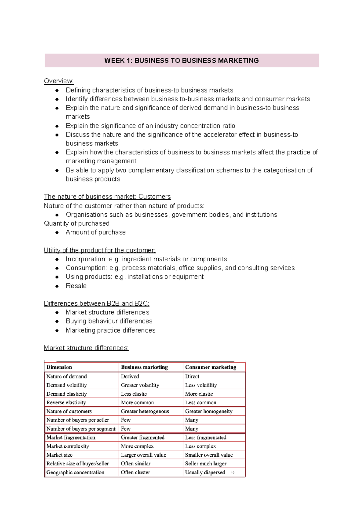 MKTG3001 Notes Week 1 - WEEK 1: BUSINESS TO BUSINESS MARKETING Overview ...