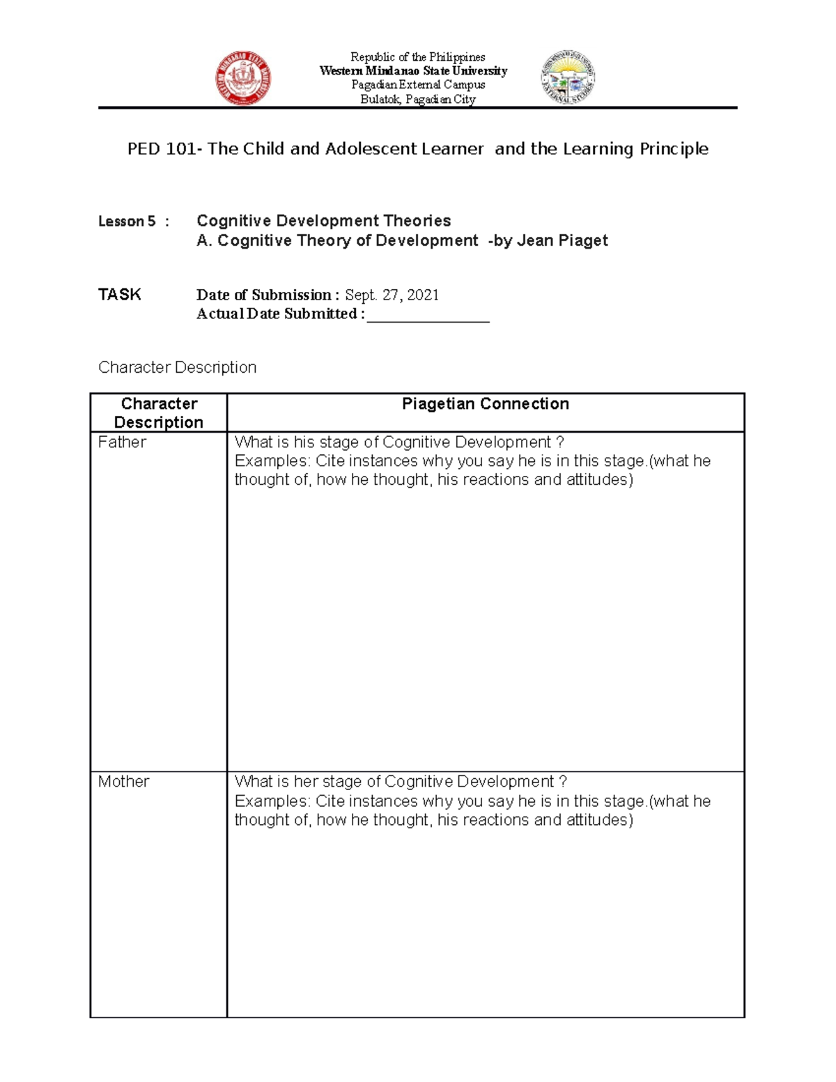 PED 101 Lesson 5 Task - Republic of the Philippines Western Mindanao ...