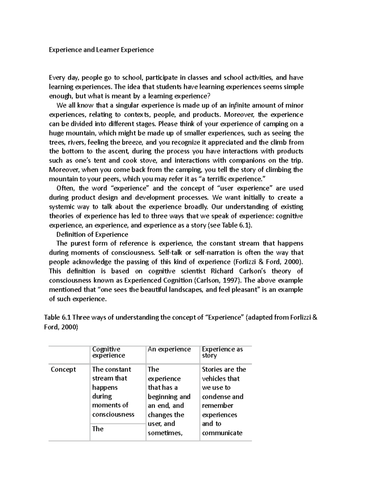 Experience and Learner Experience - The idea that students have ...