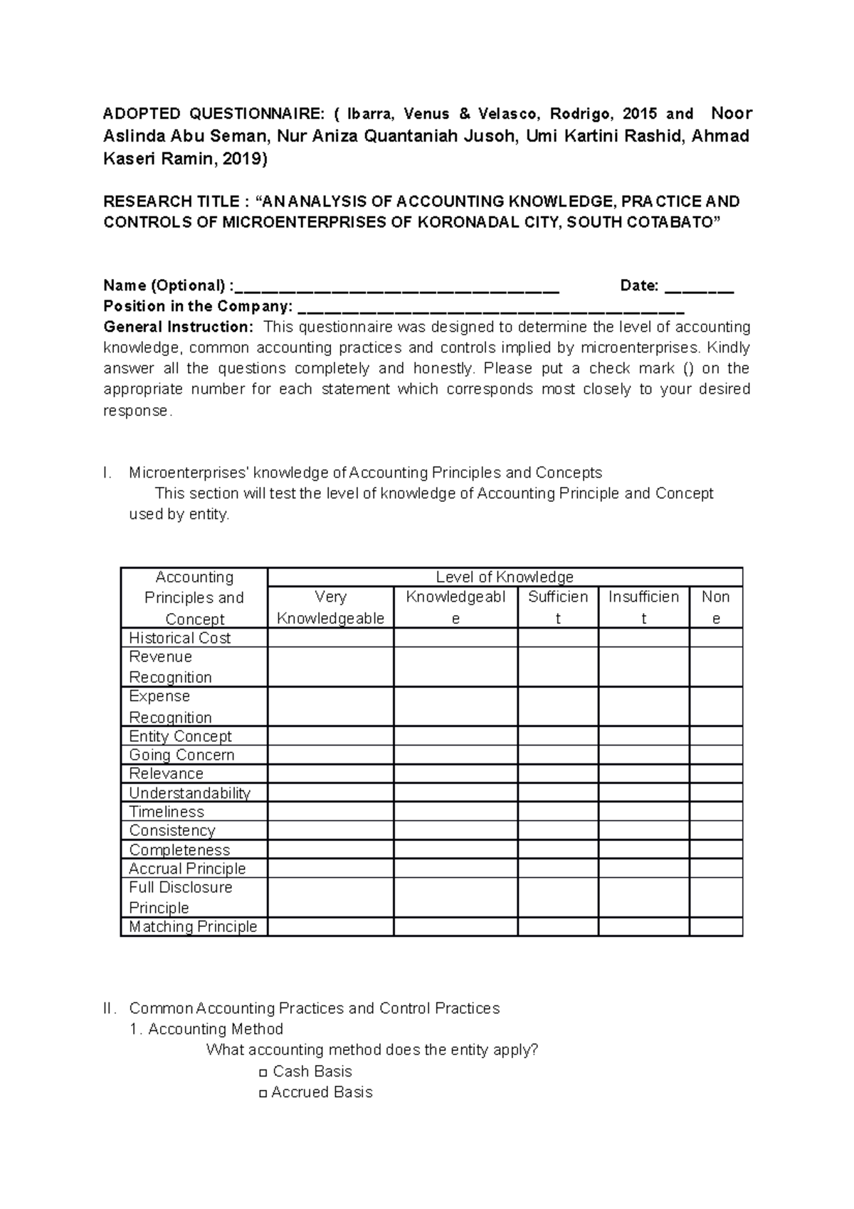 Questionnaire - Research - ADOPTED QUESTIONNAIRE: ( Ibarra, Venus ...