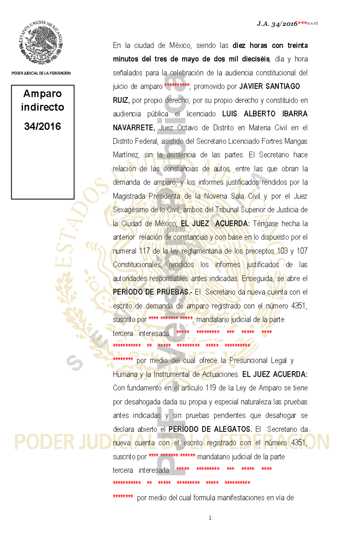 Sentencia DE Amparo 2 - _J. 34/2016*_** Amparo indirecto 34/ En la